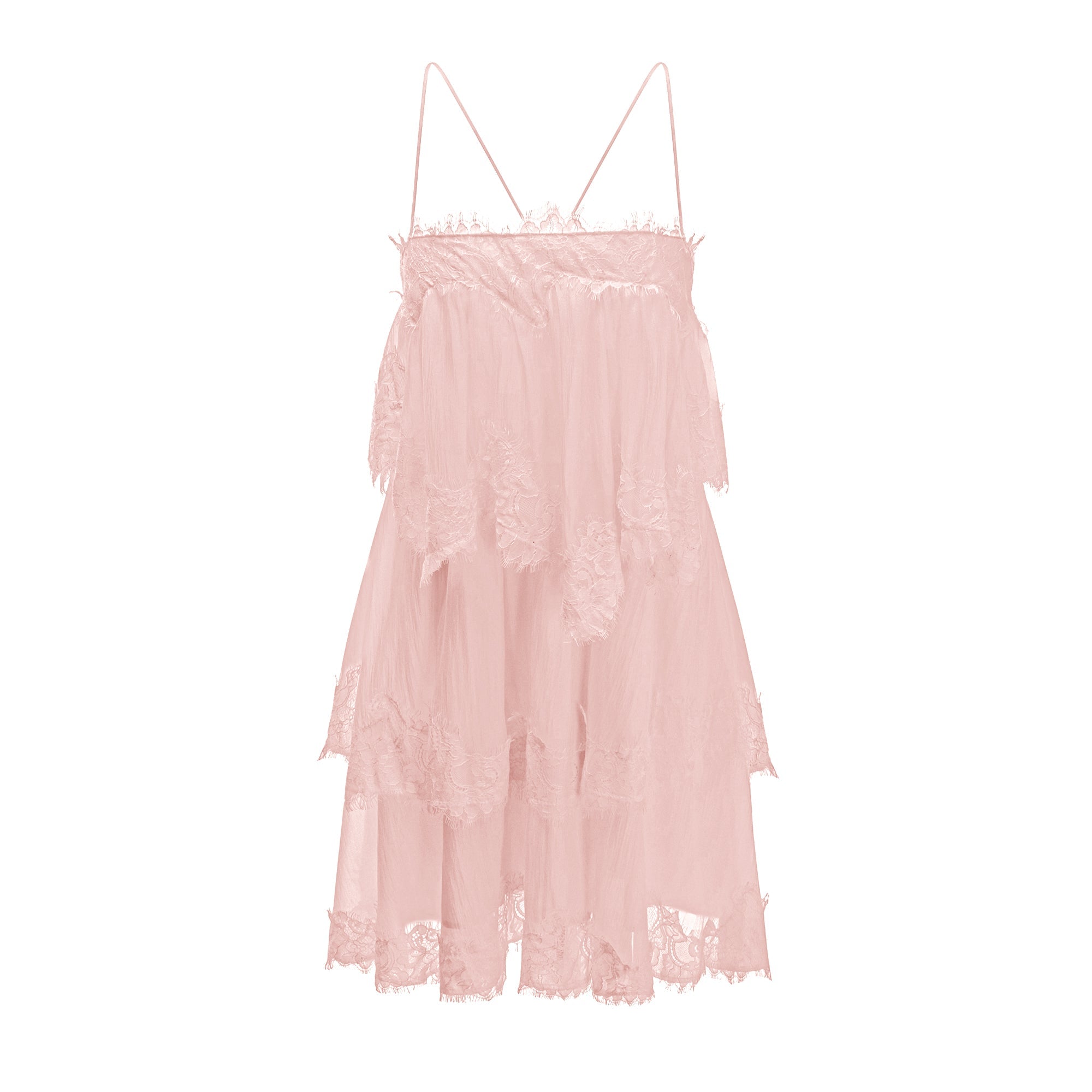 Rachel Pink Tiered Mini Dress with Lace Trim