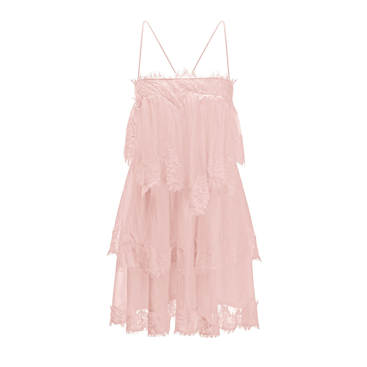 Rachel Pink Tiered Mini Dress with Lace Trim
