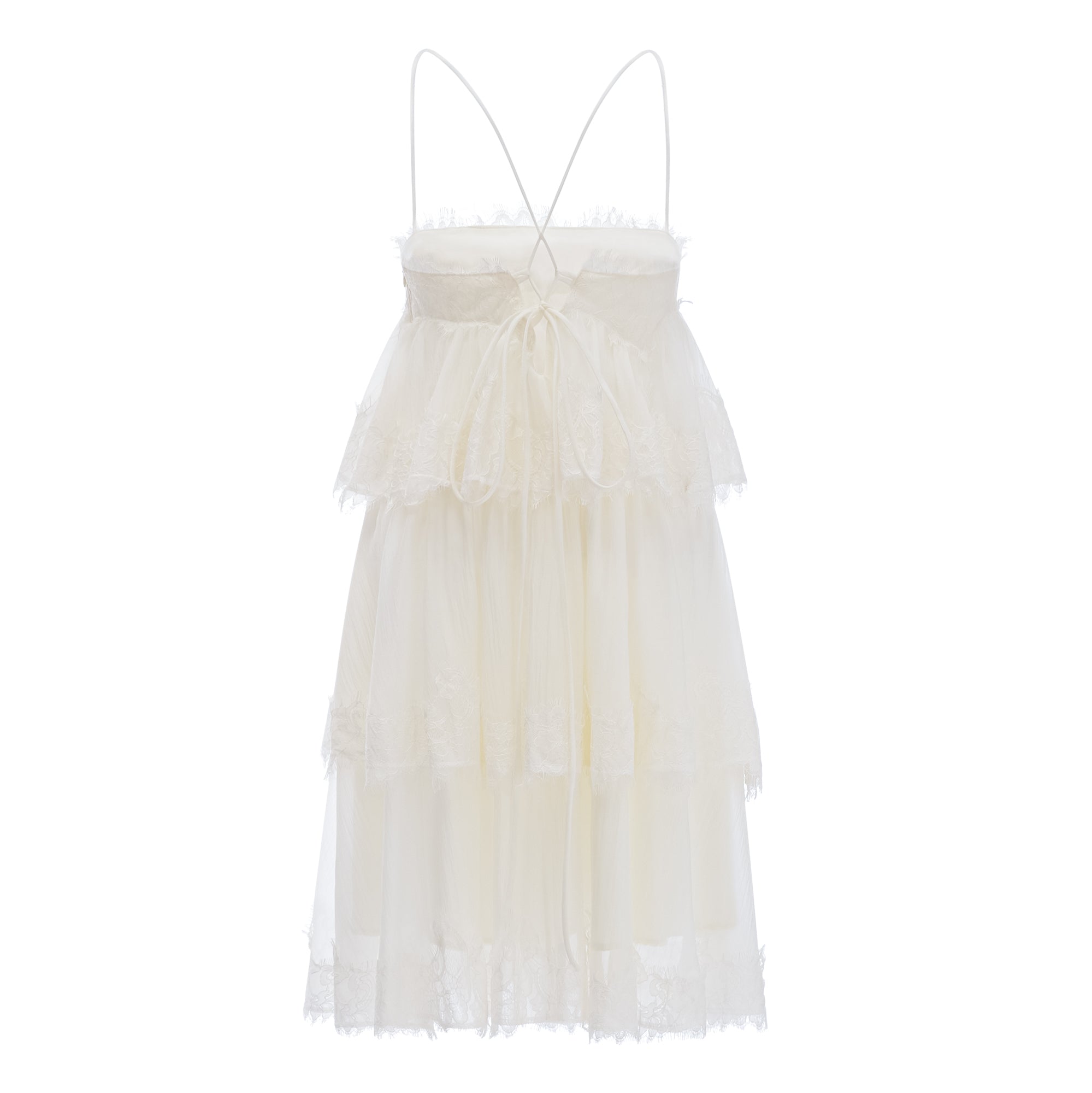 Rachel Beige Tiered Mini Dress with Lace Trim
