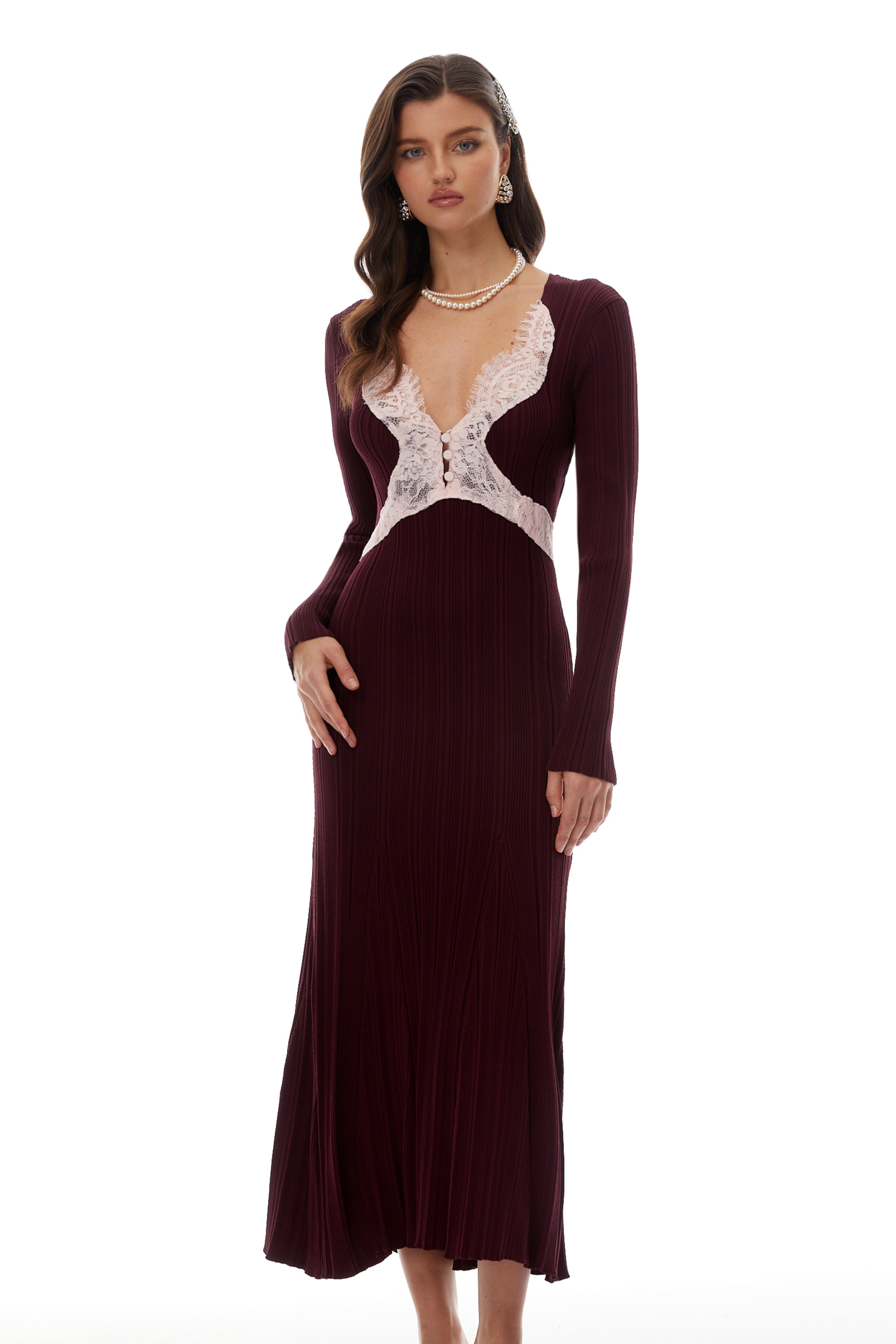 Dagný Burgundy Lace Trim Knit Midi Dress (Final Sale)