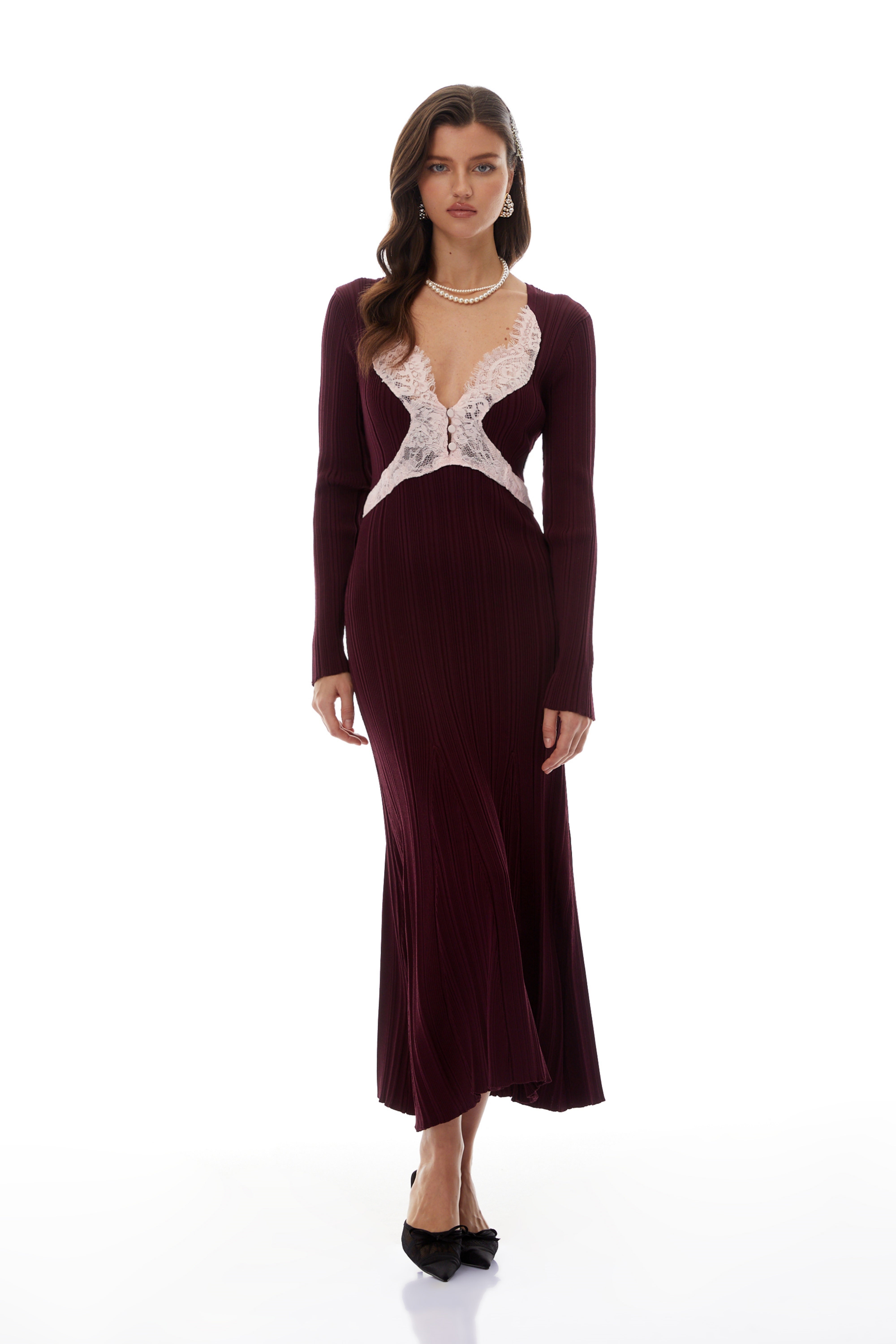 Dagný Burgundy Lace Trim Knit Midi Dress (Final Sale)