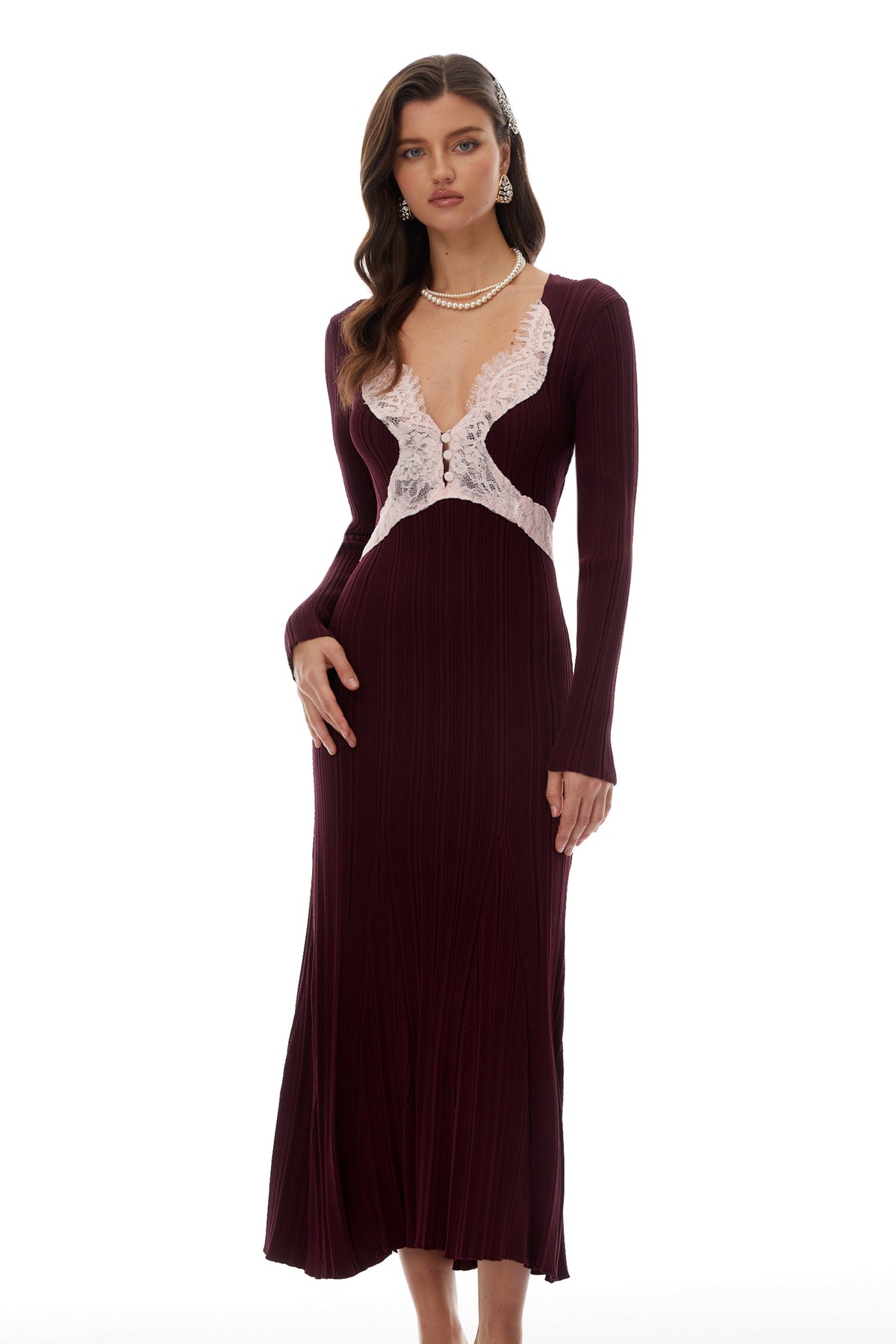 Dagný Burgundy Lace Trim Knit Midi Dress (Final Sale-US Only)