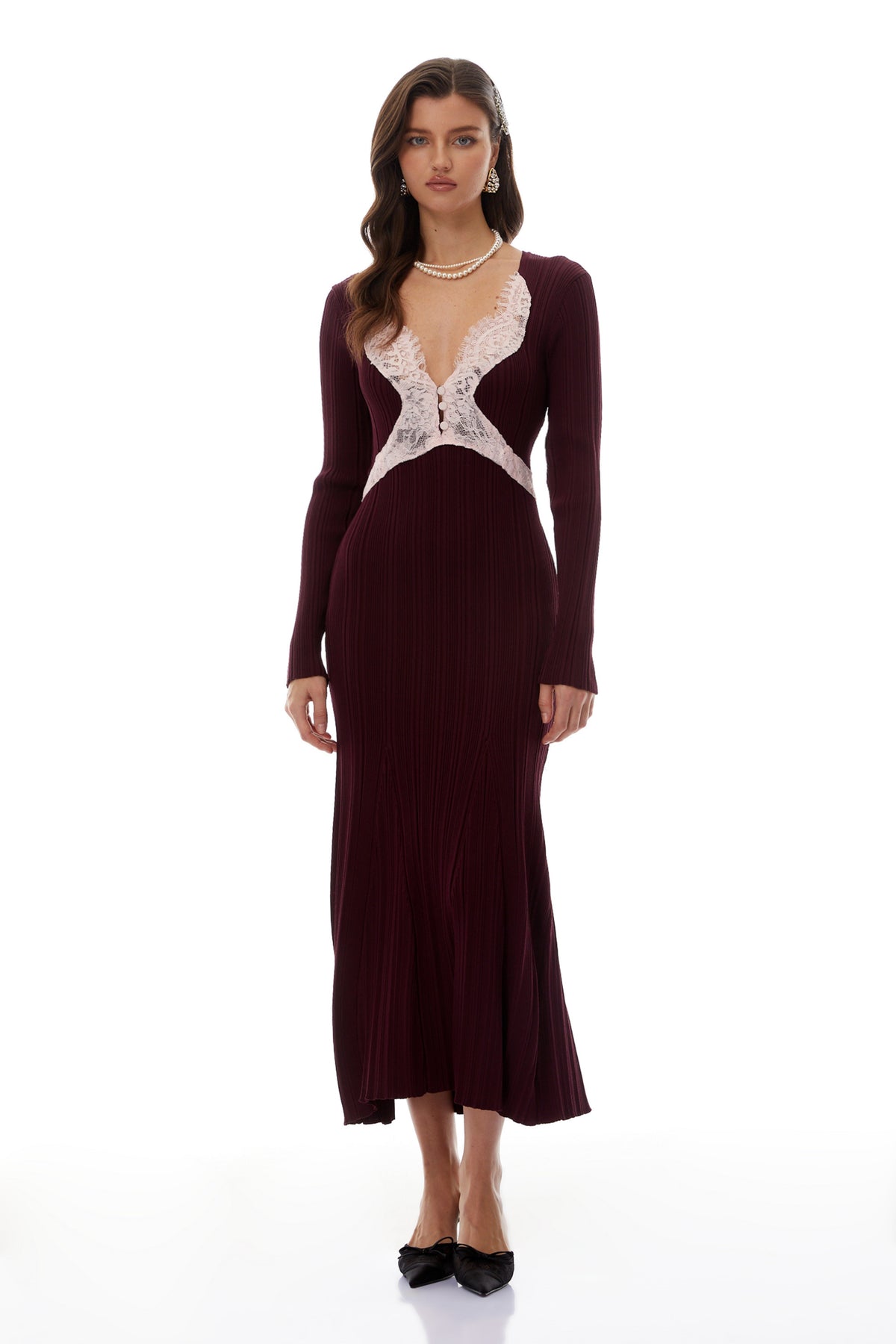 Dagný Burgundy Lace Trim Knit Midi Dress (Final Sale-US Only)