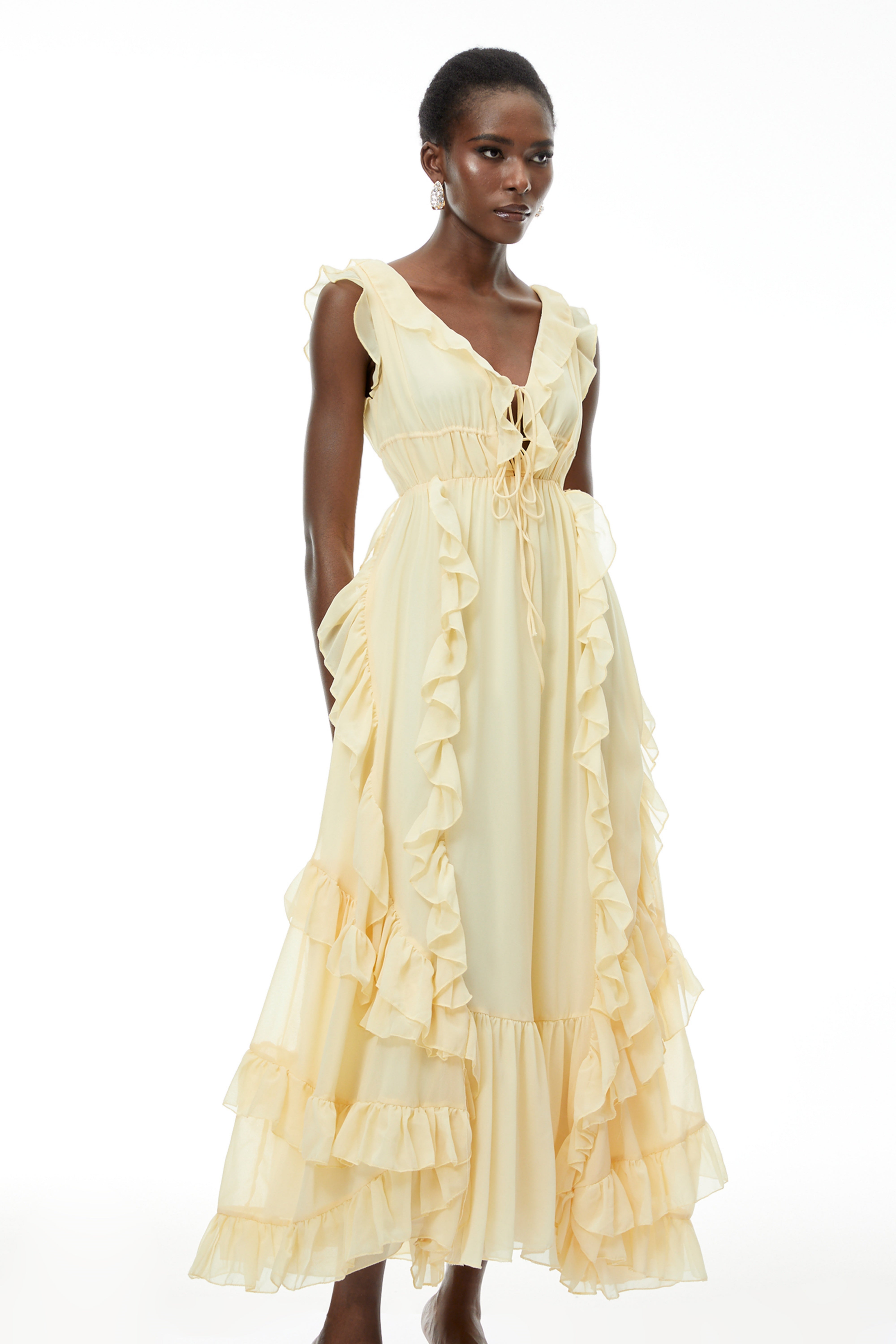 Dahlia Yellow Ruffled Maxi Dress with Lace-Up Detail