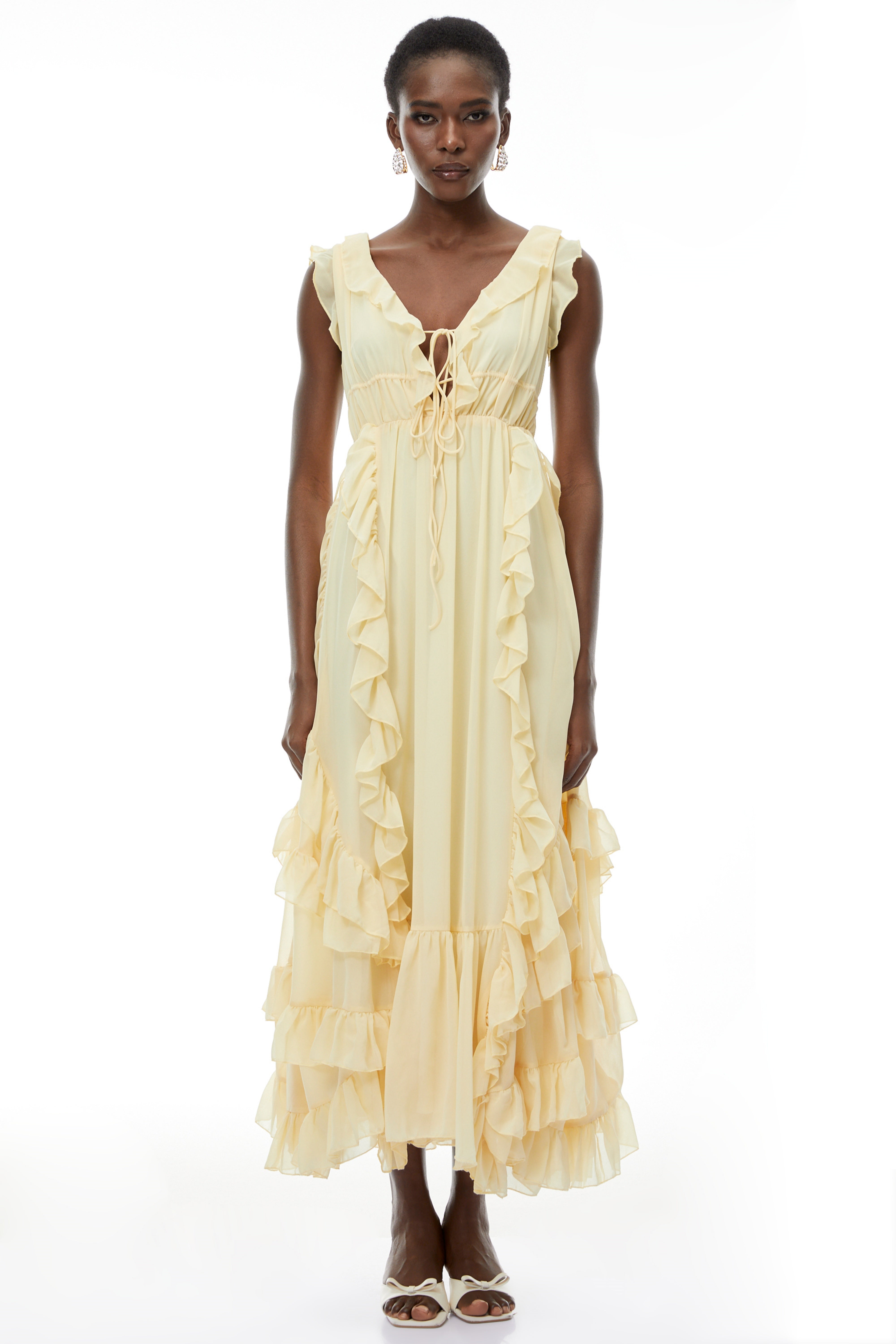 Dahlia Yellow Ruffled Maxi Dress with Lace-Up Detail