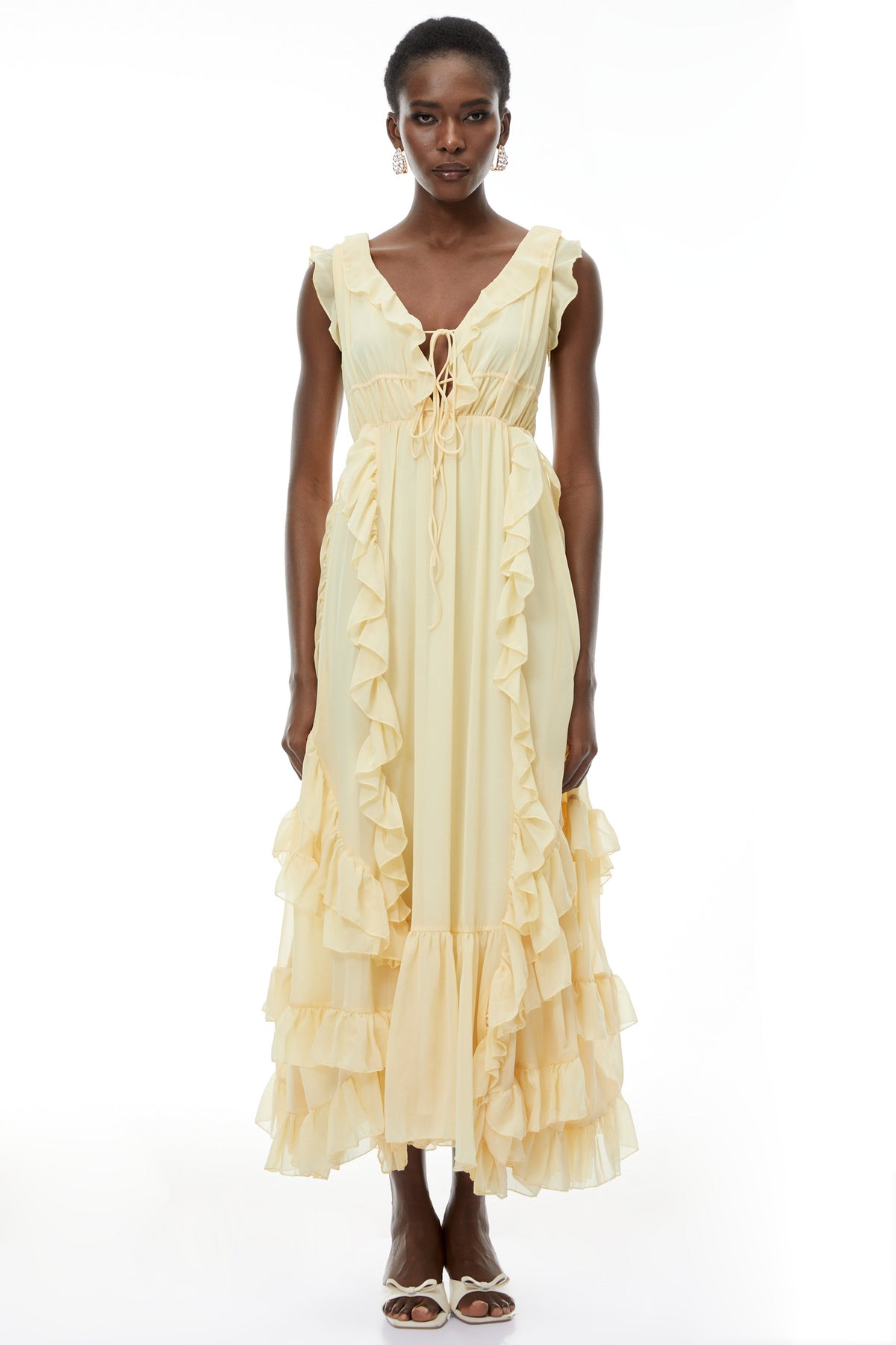 Dahlia Yellow Ruffled Maxi Dress with Lace-Up Detail (Final Sale)