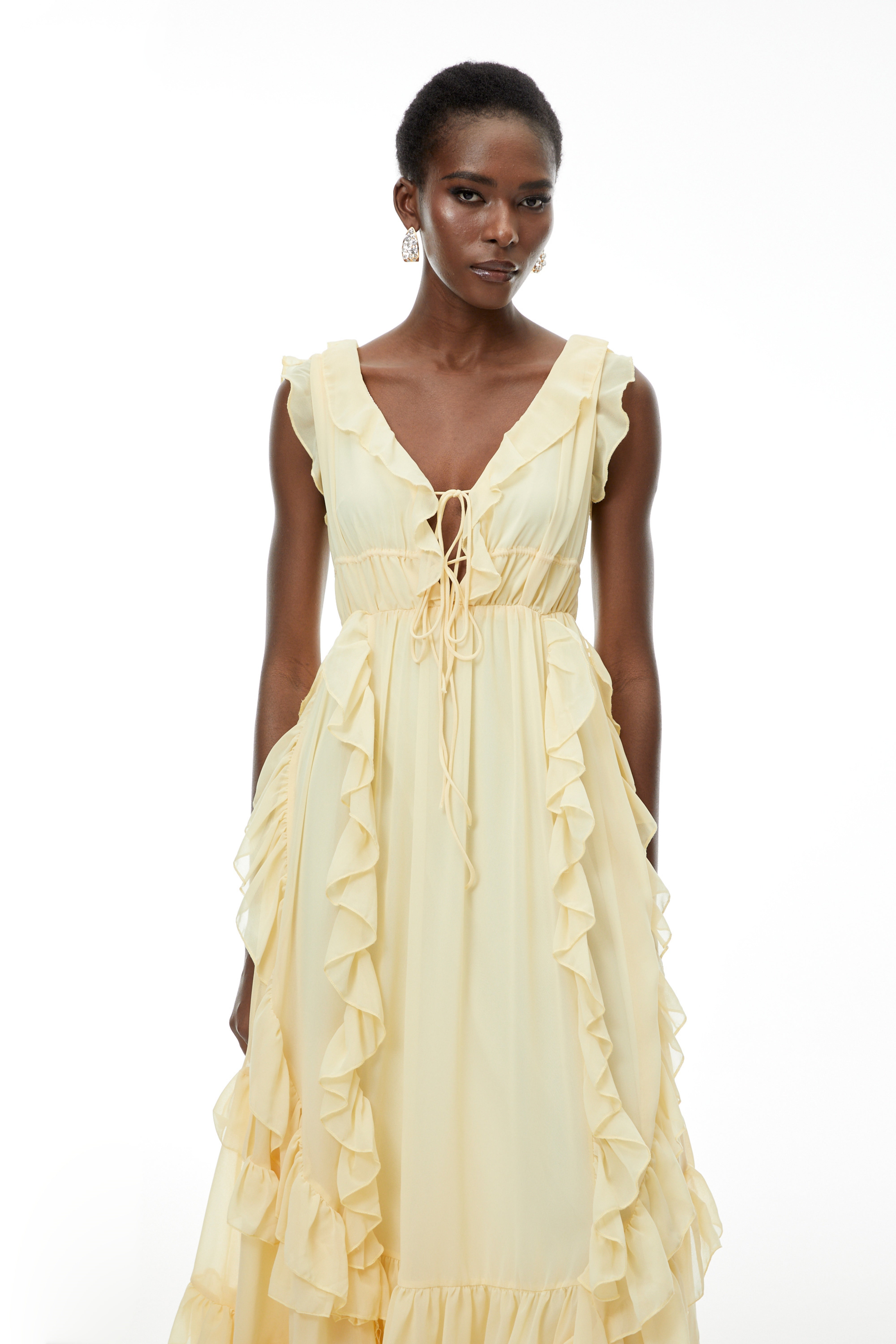 Dahlia Yellow Ruffled Maxi Dress with Lace-Up Detail (Final Sale)