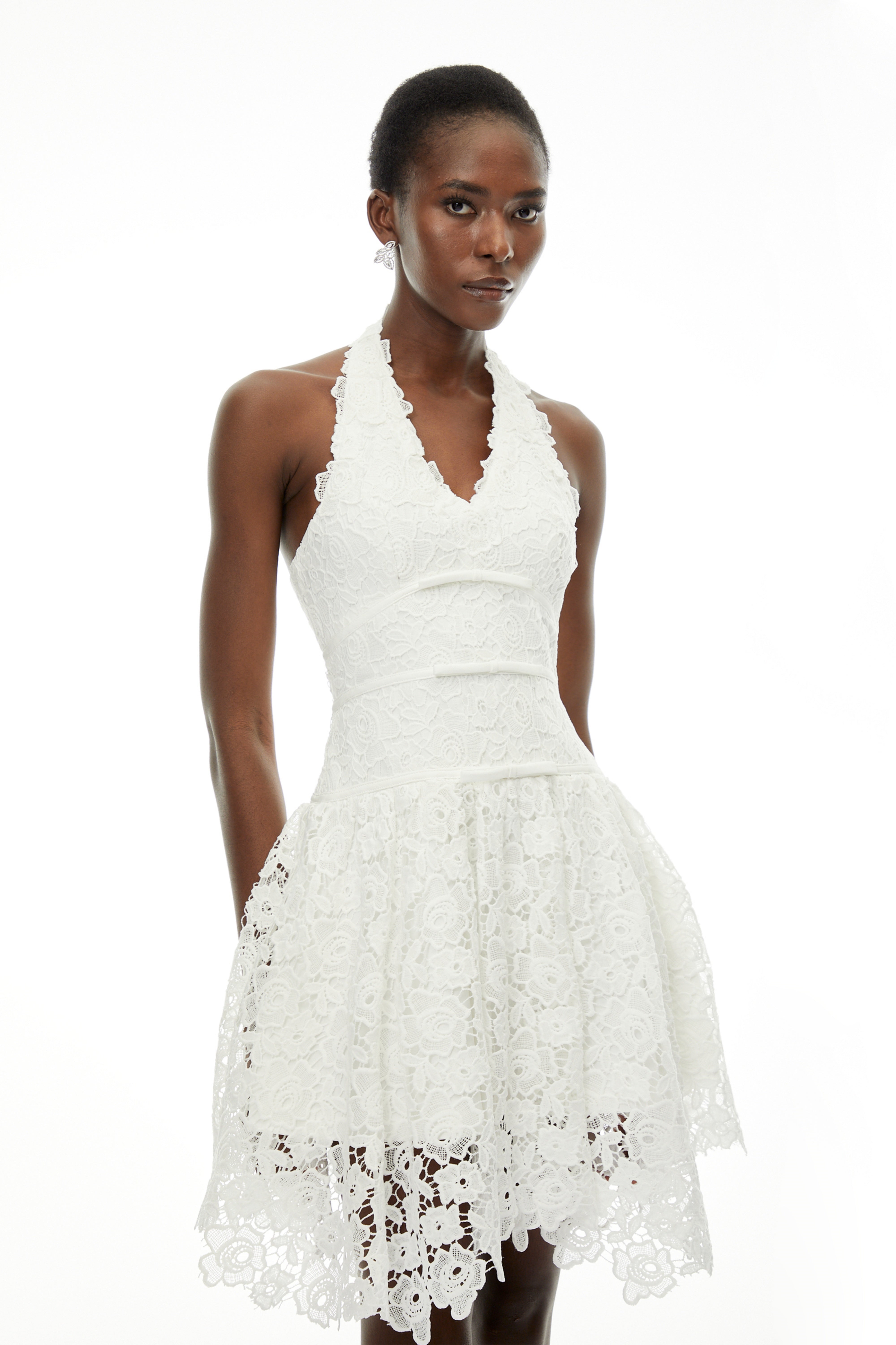 Daisy White V-Neck Floral Lace Mini Dress with Bow