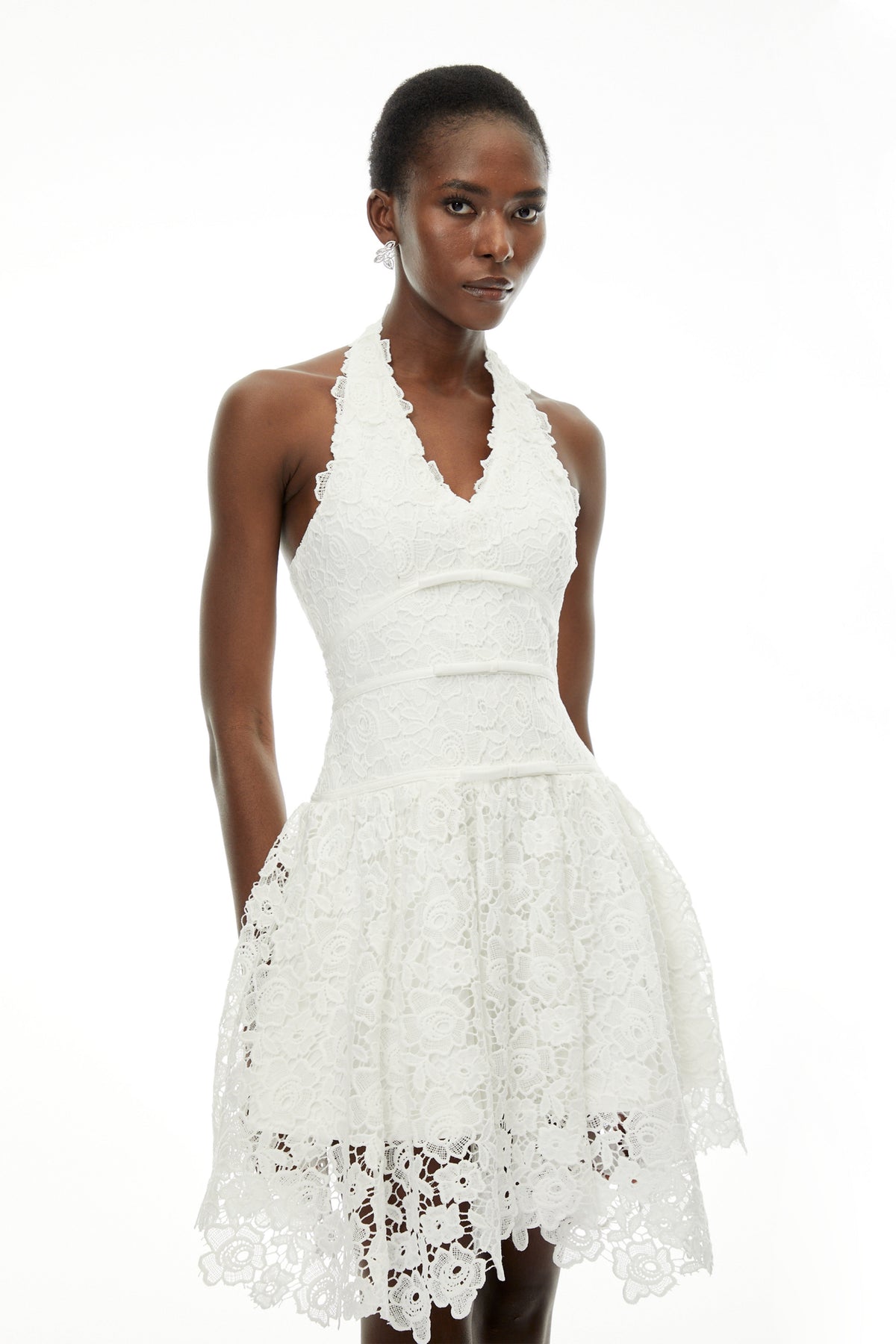 Daisy White V-Neck Floral Lace Mini Dress with Bow