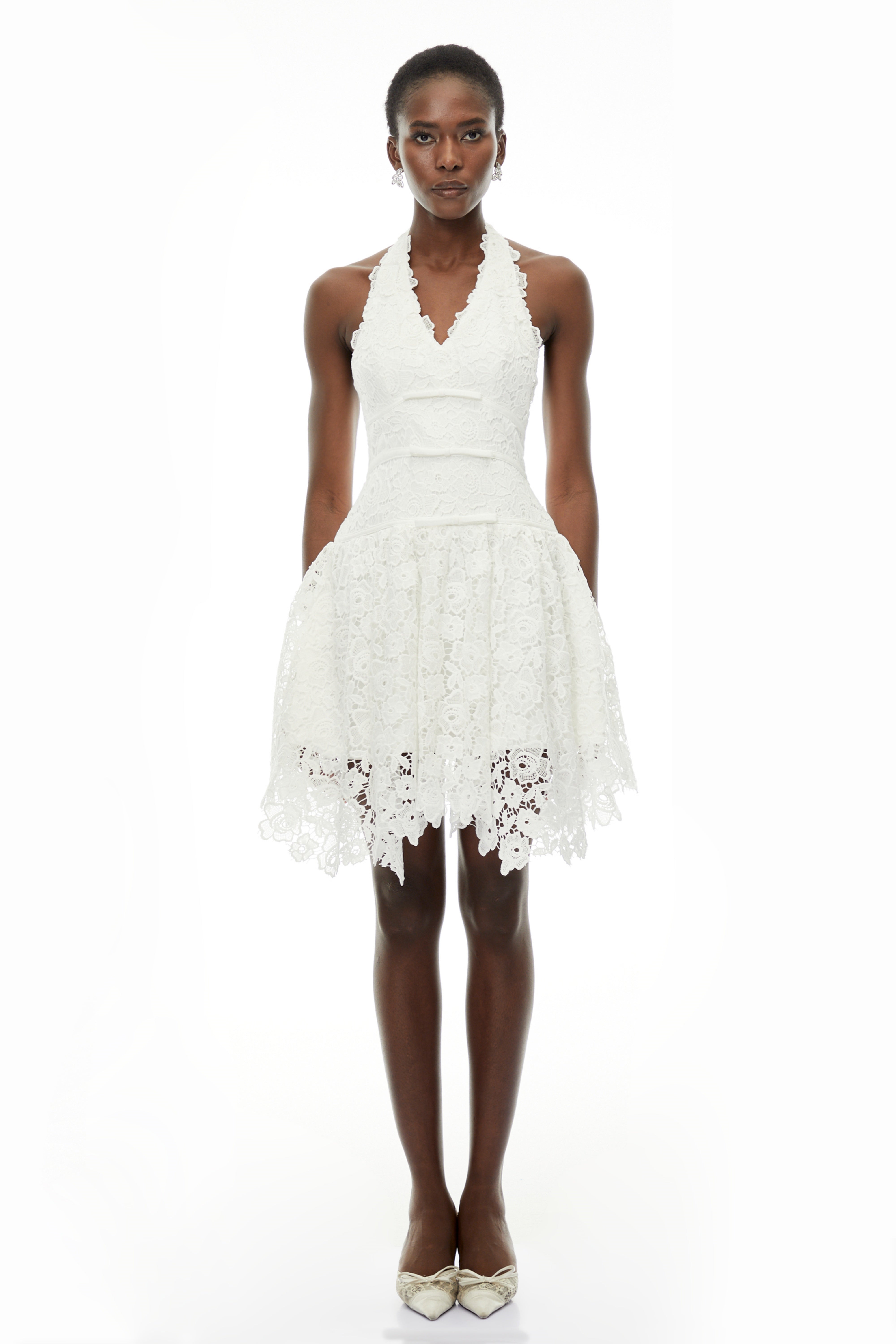 Daisy White V-Neck Floral Lace Mini Dress with Bow