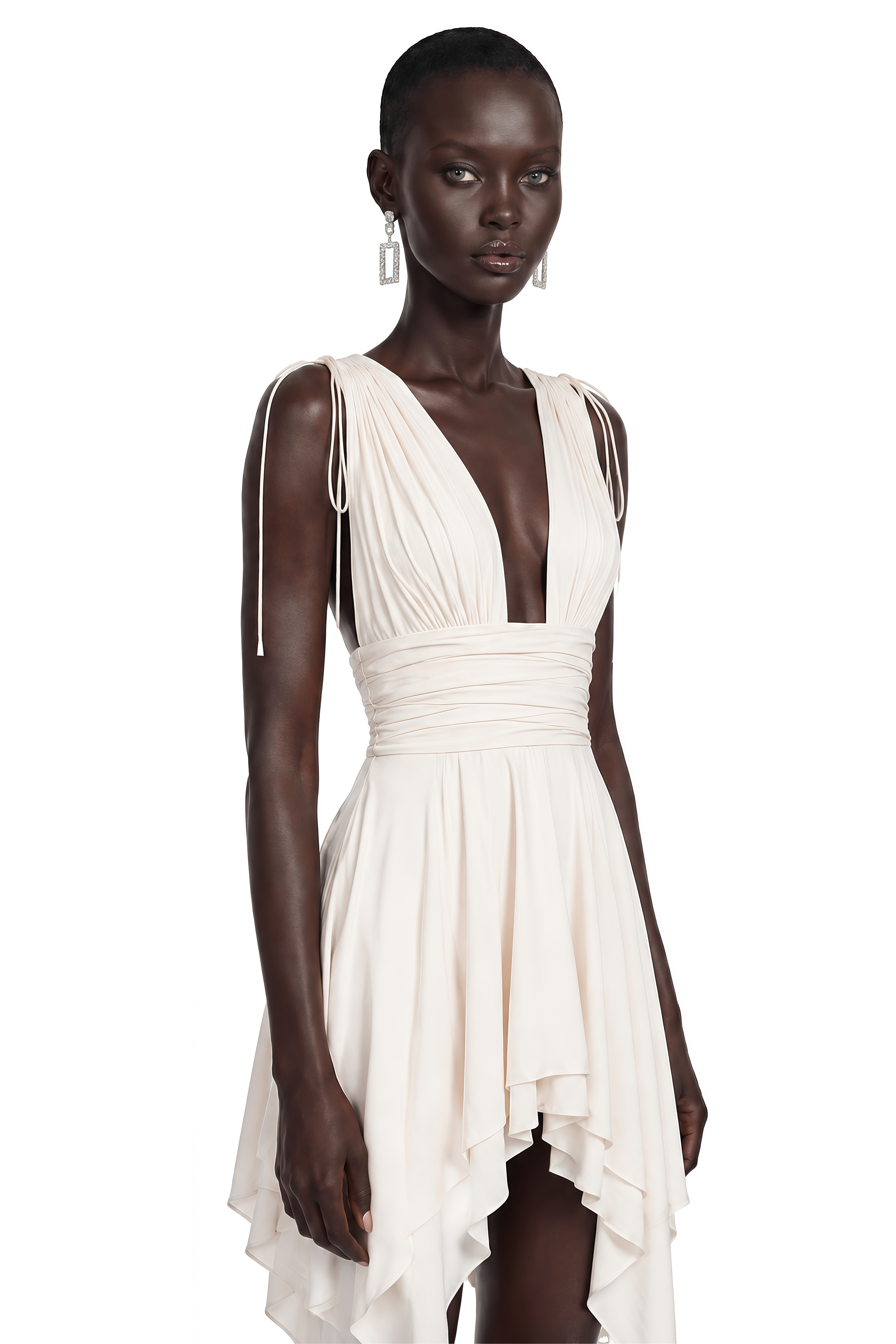 Damla Ivory Asymmetrical Ruched Mini Dress