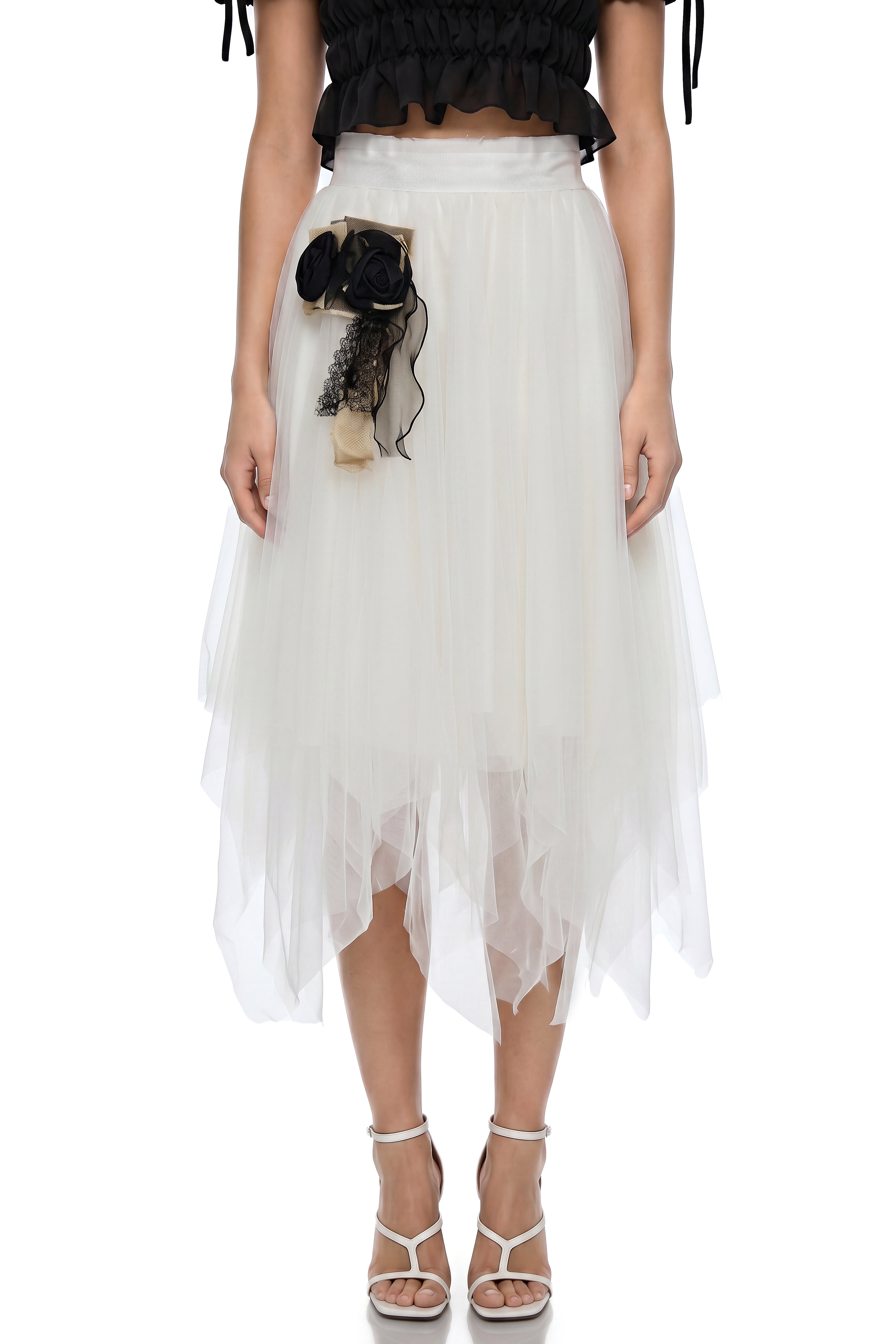 Danae White Asymmetrical Tiered Tulle Skirt