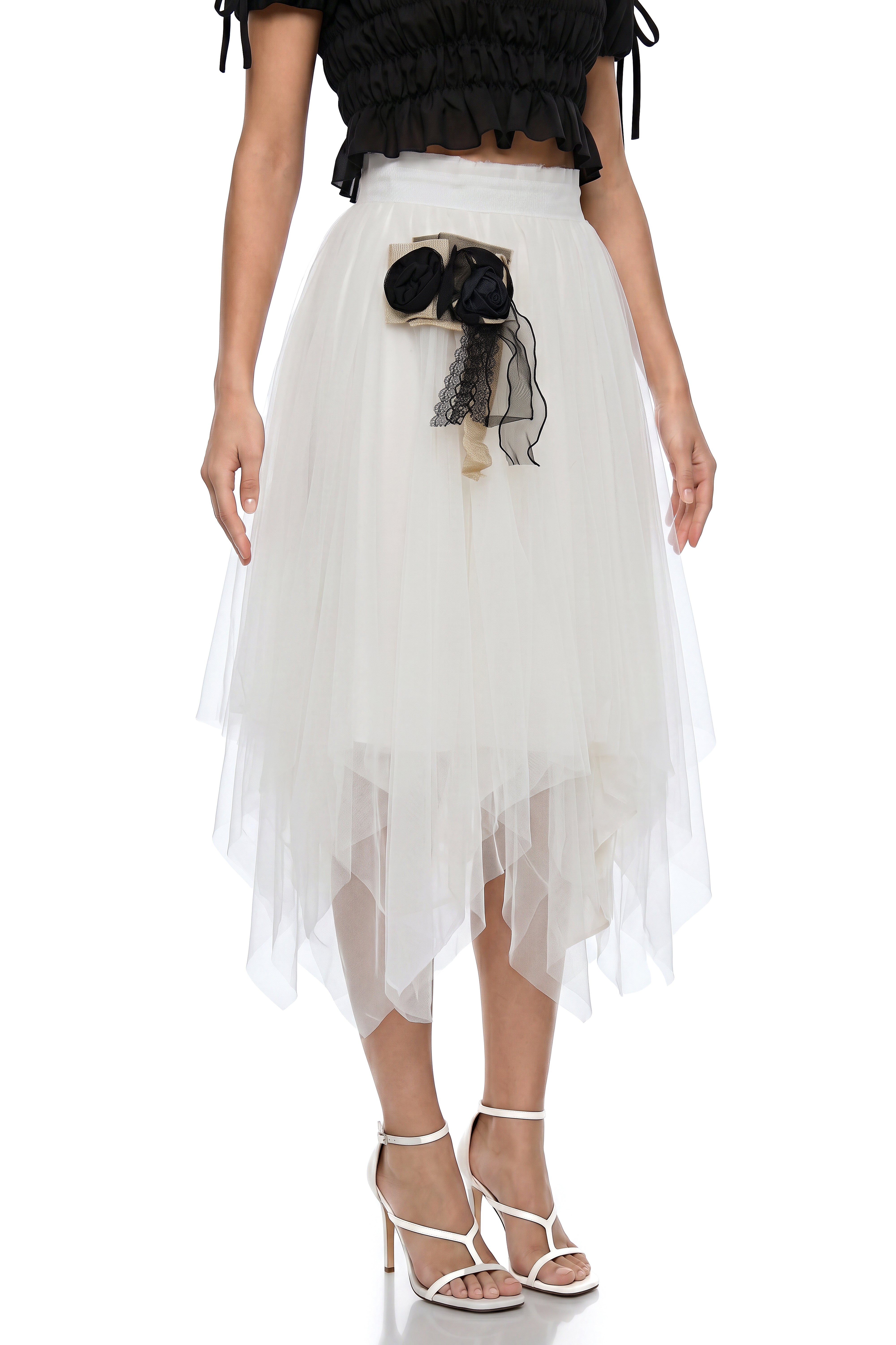 Danae White Asymmetrical Tiered Tulle Skirt