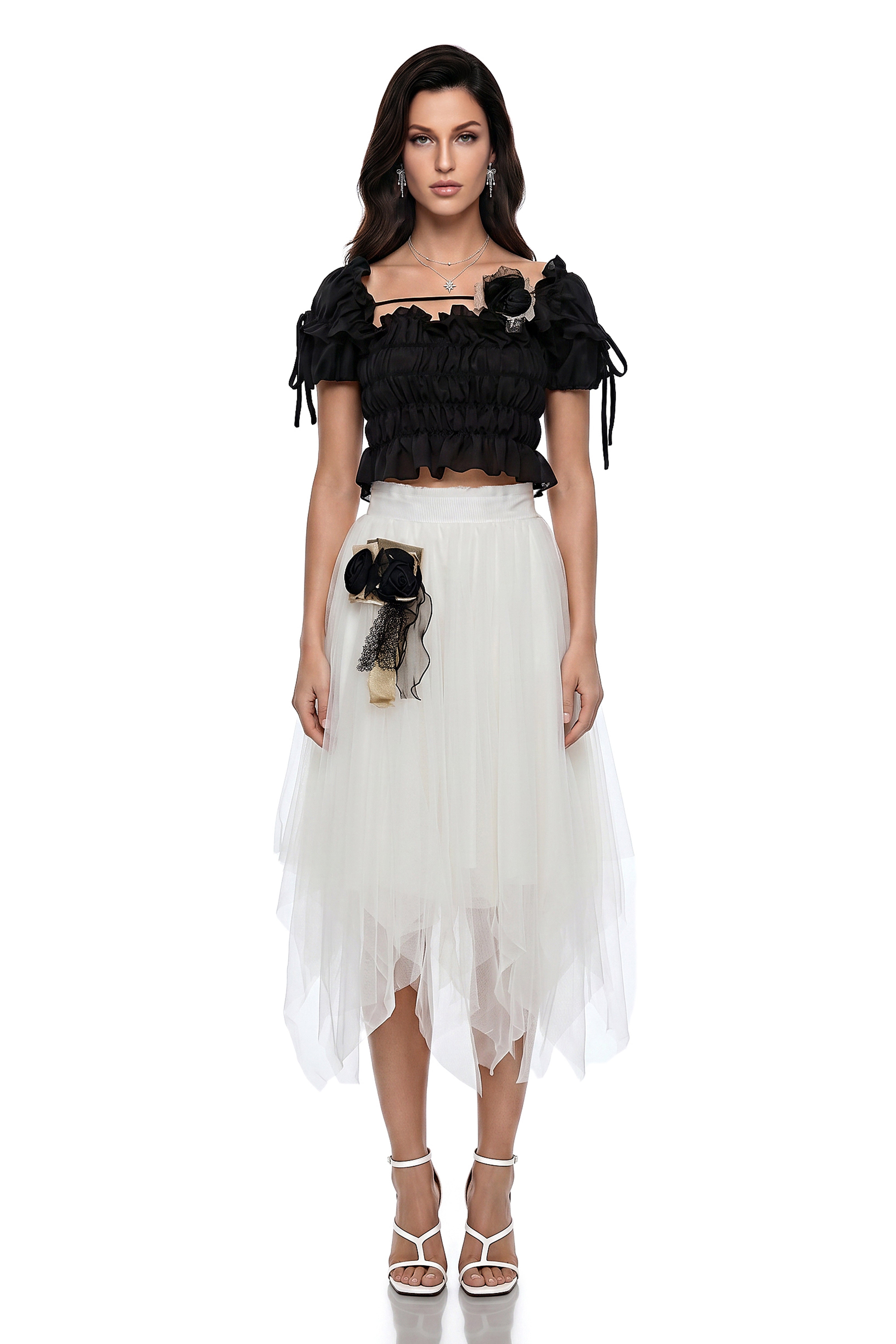 Danae White Asymmetrical Tiered Tulle Skirt