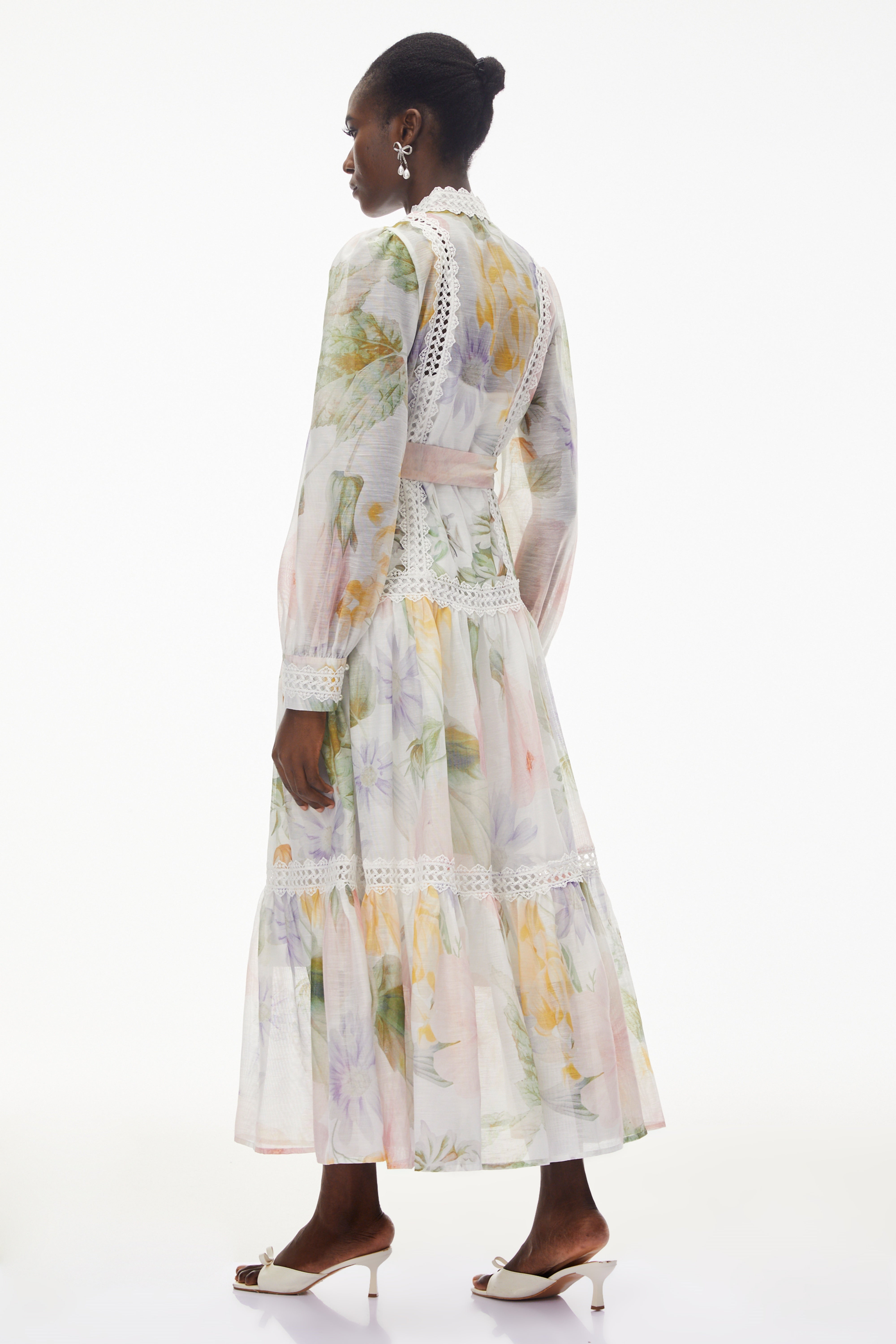 Danae White Floral Print Midi Dress with Lace Trim