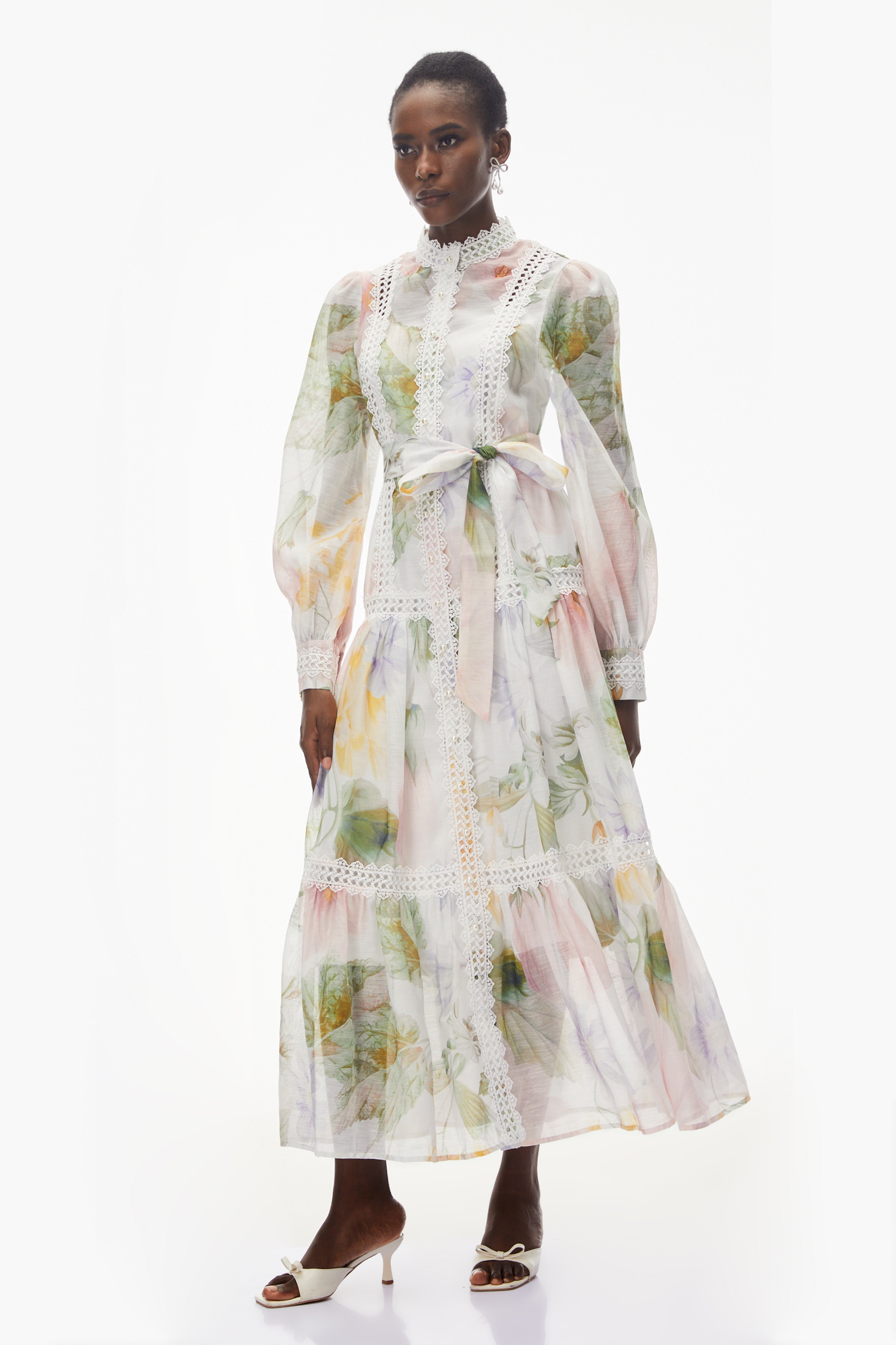 Danae White Floral Print Midi Dress with Lace Trim