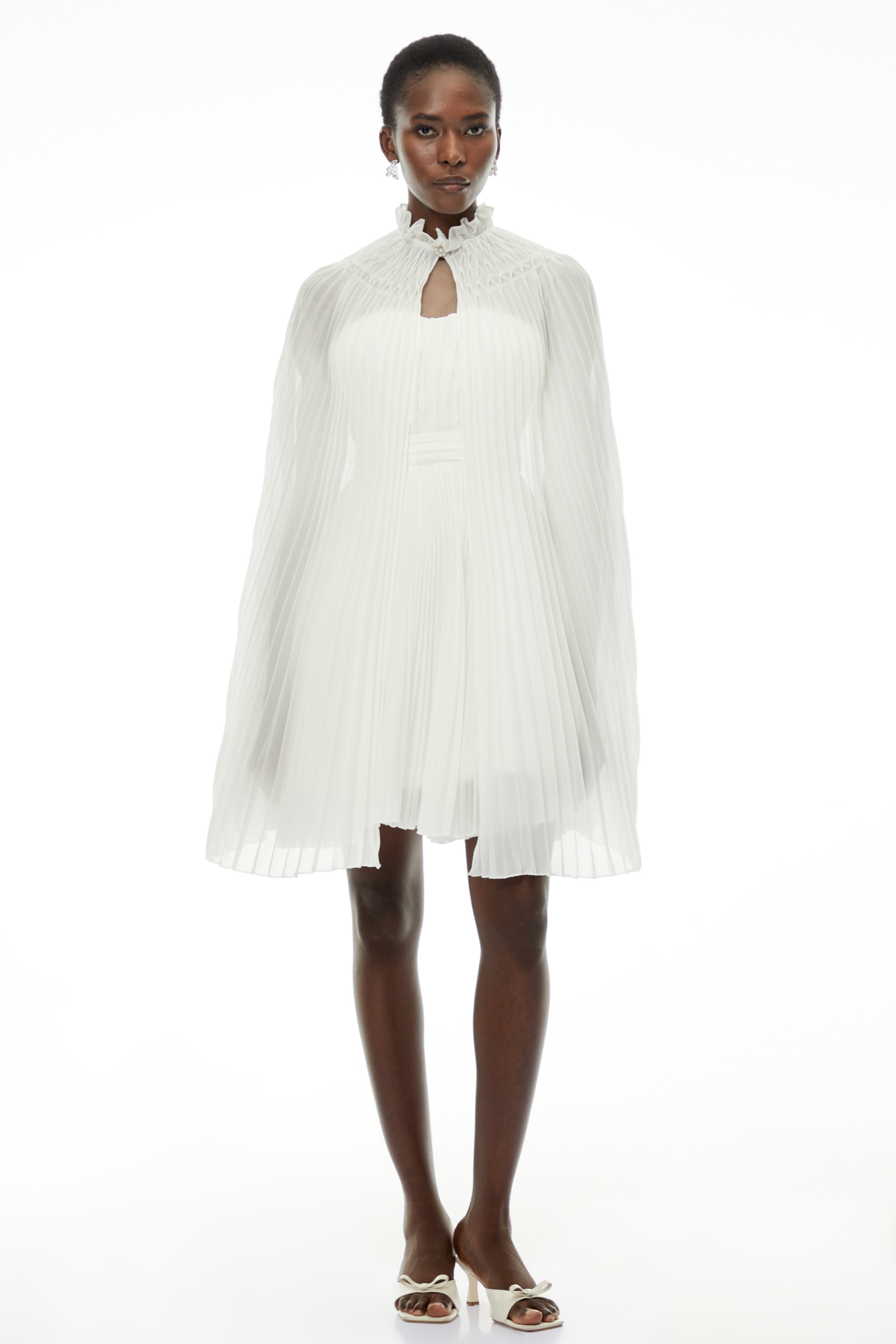 Daphne White High Neck Pleated Dress & Cape Set
