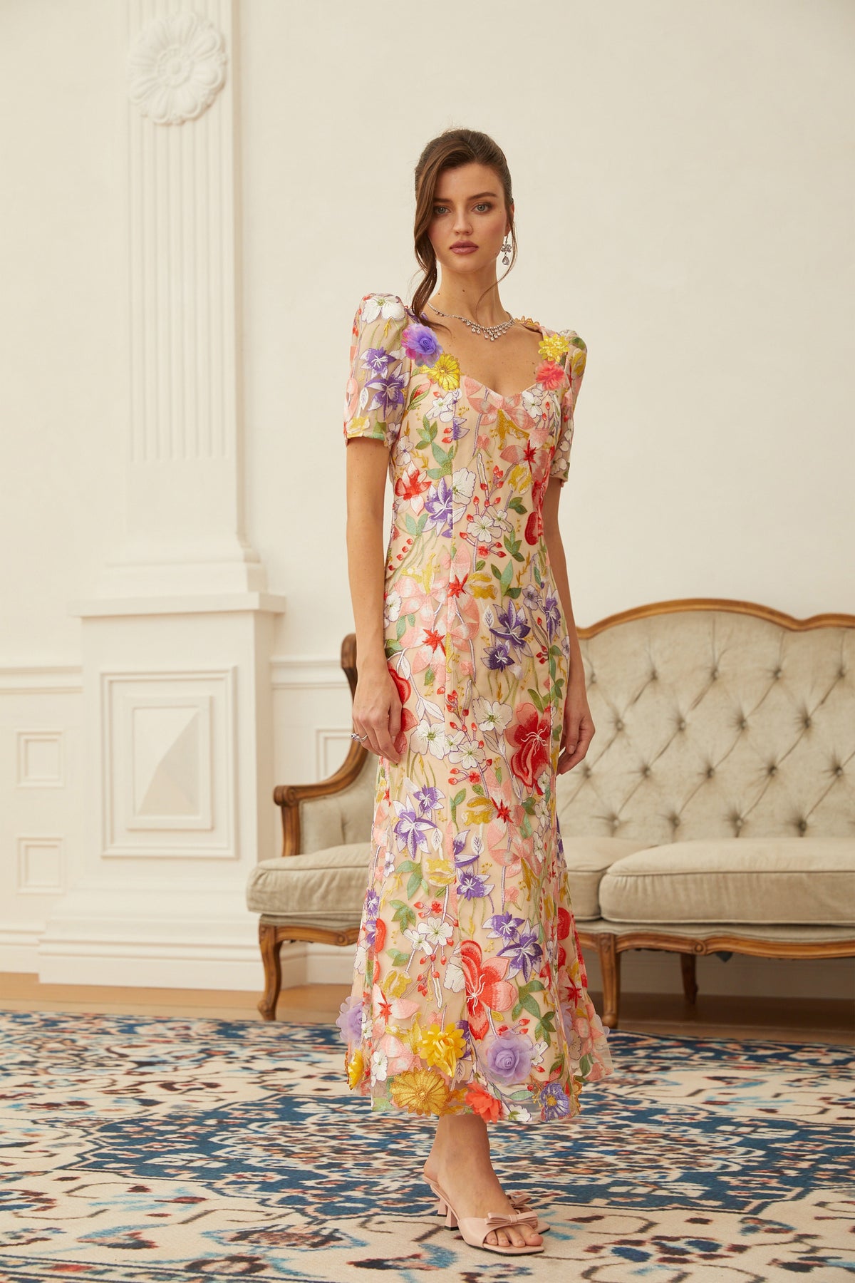 Darcy Neutral Floral Embroidered Tulle Midi Dress (Final Sale)