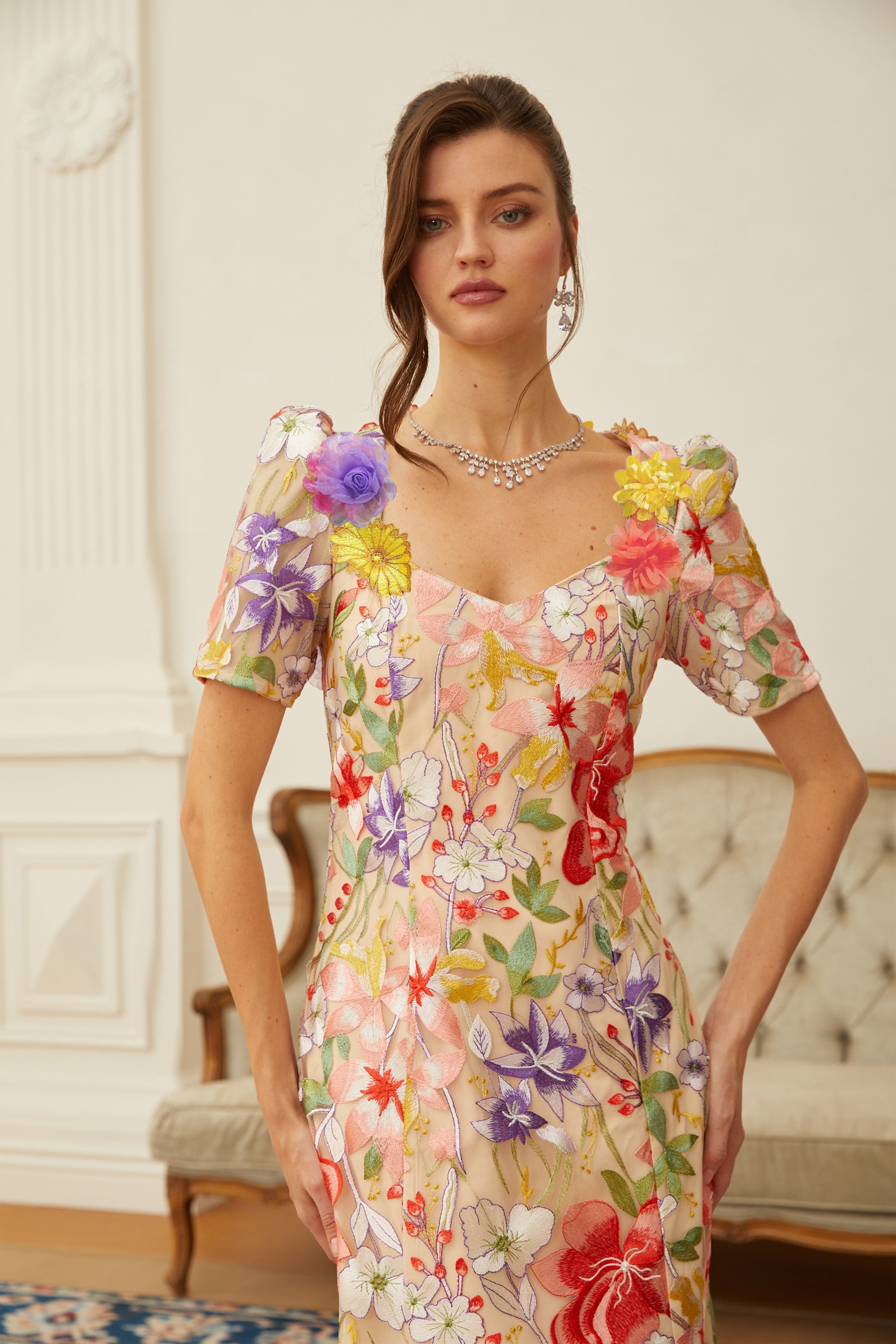 Darcy Neutral Floral Embroidered Tulle Midi Dress (Final Sale)