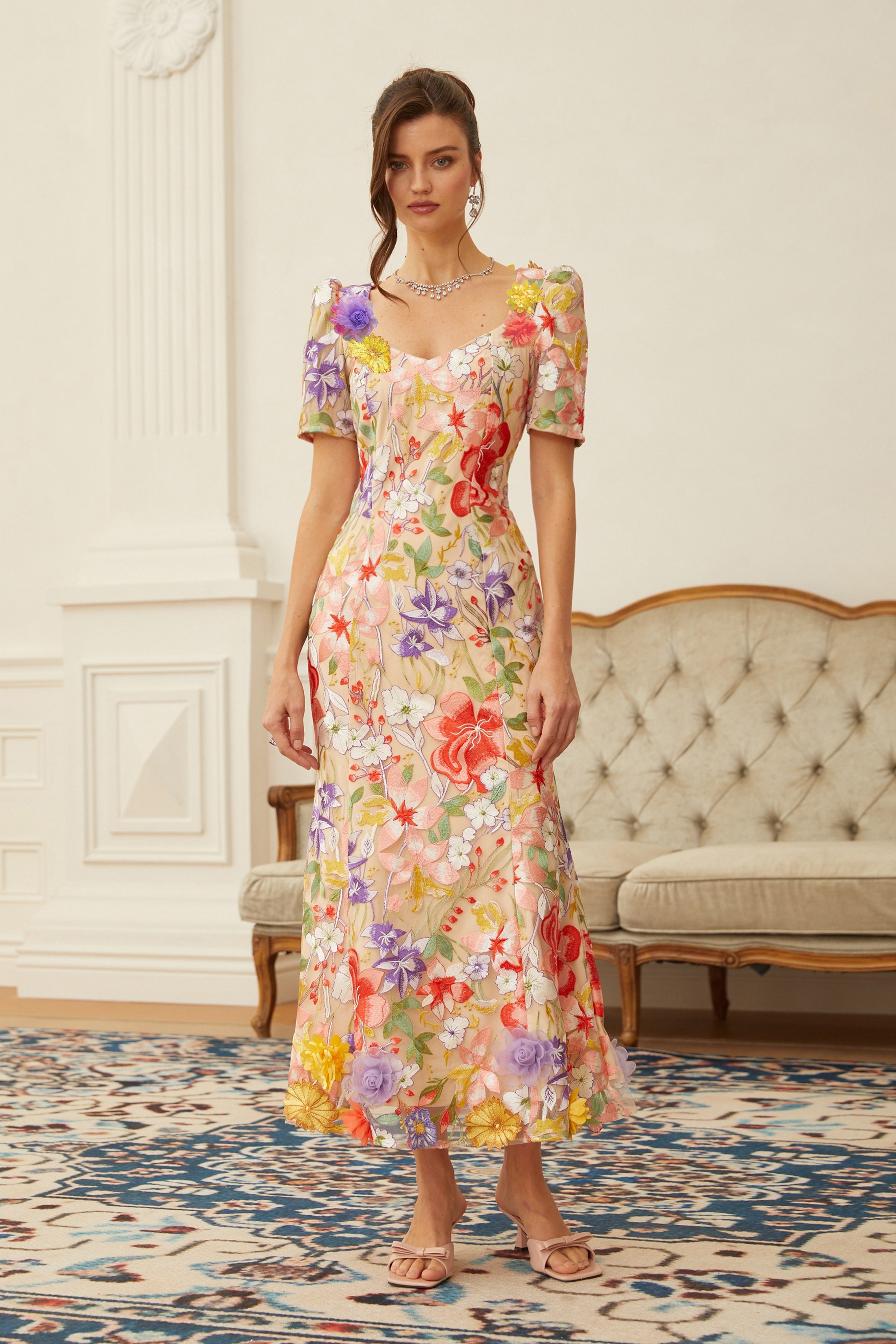 Darcy Neutral Floral Embroidered Tulle Midi Dress (Final Sale)