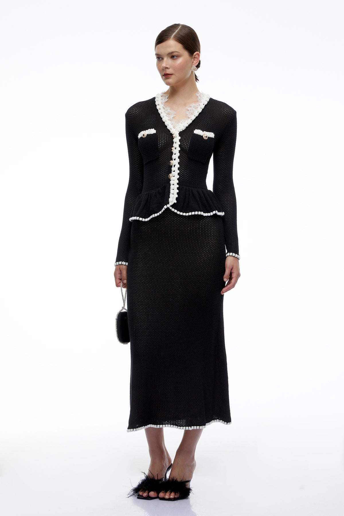 deborah black contrast trim peplum knit blouse & skirt set