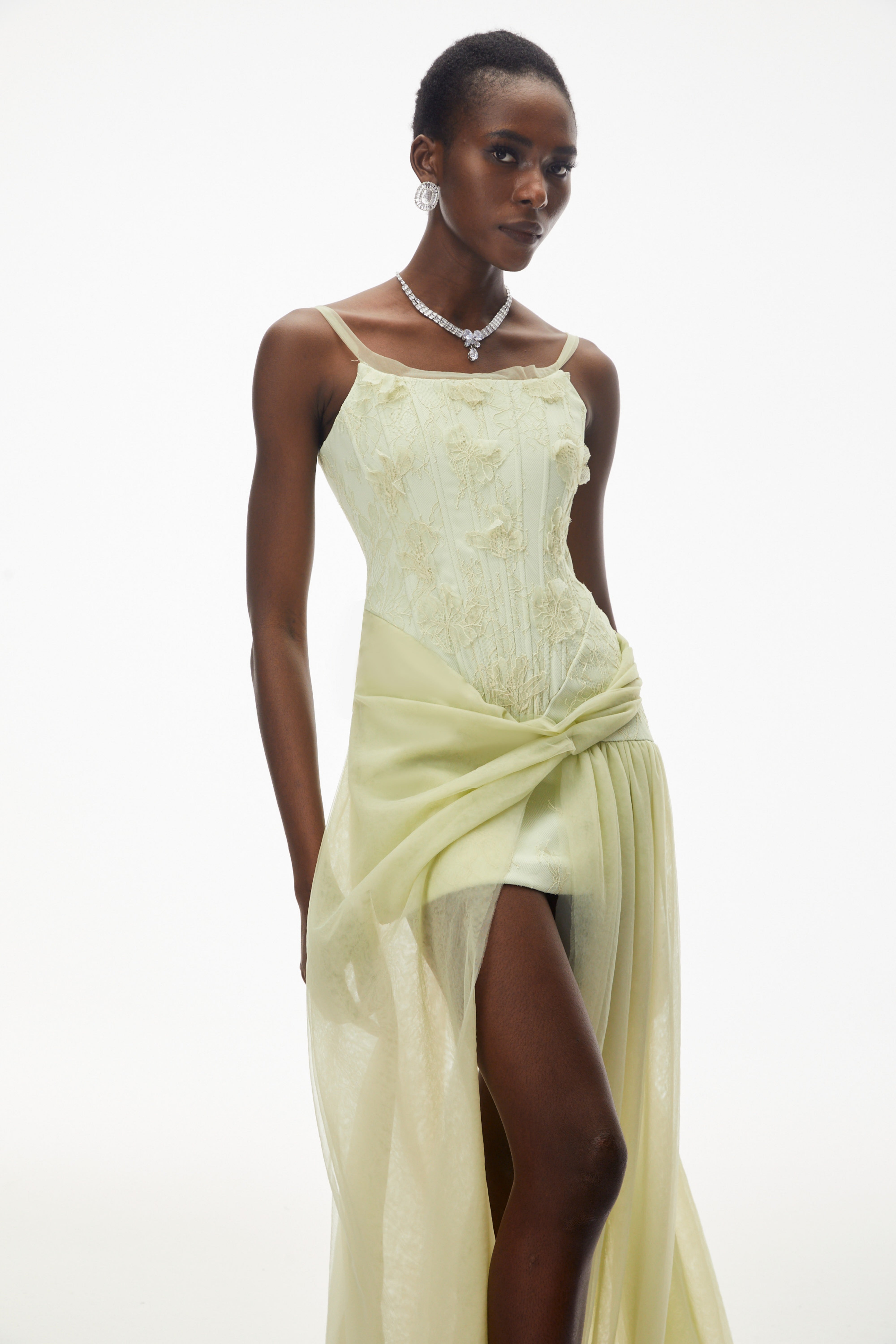 Deirdre Lime Green Ruched Maxi Dress with Slit