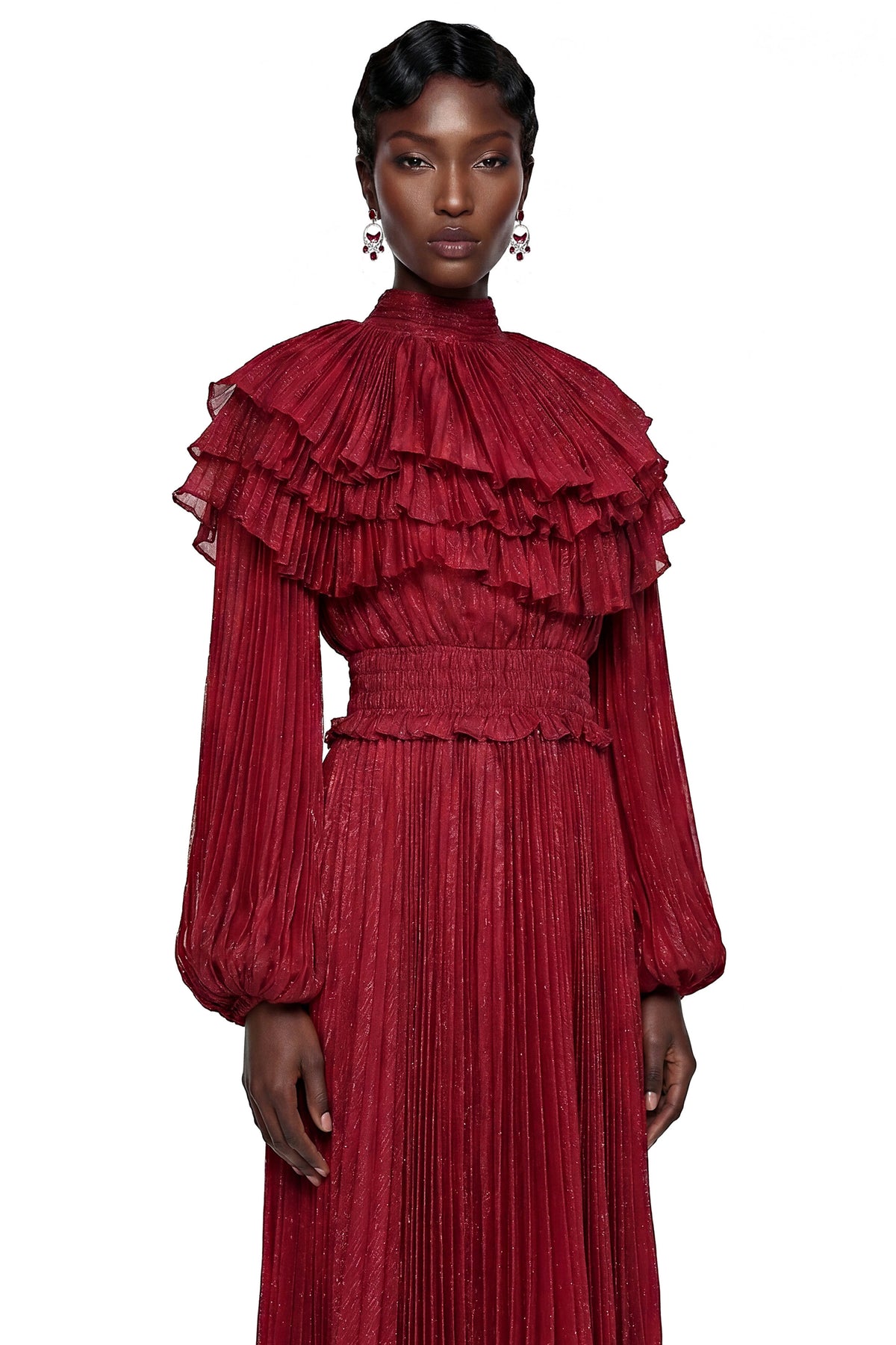 Deirdre Red Pleated Maxi Dress with Tiered Cape Collar