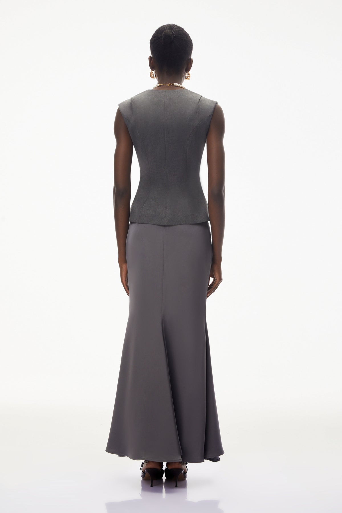 Delaram Grey Sleeveless Top & Fishtail Skirt Set