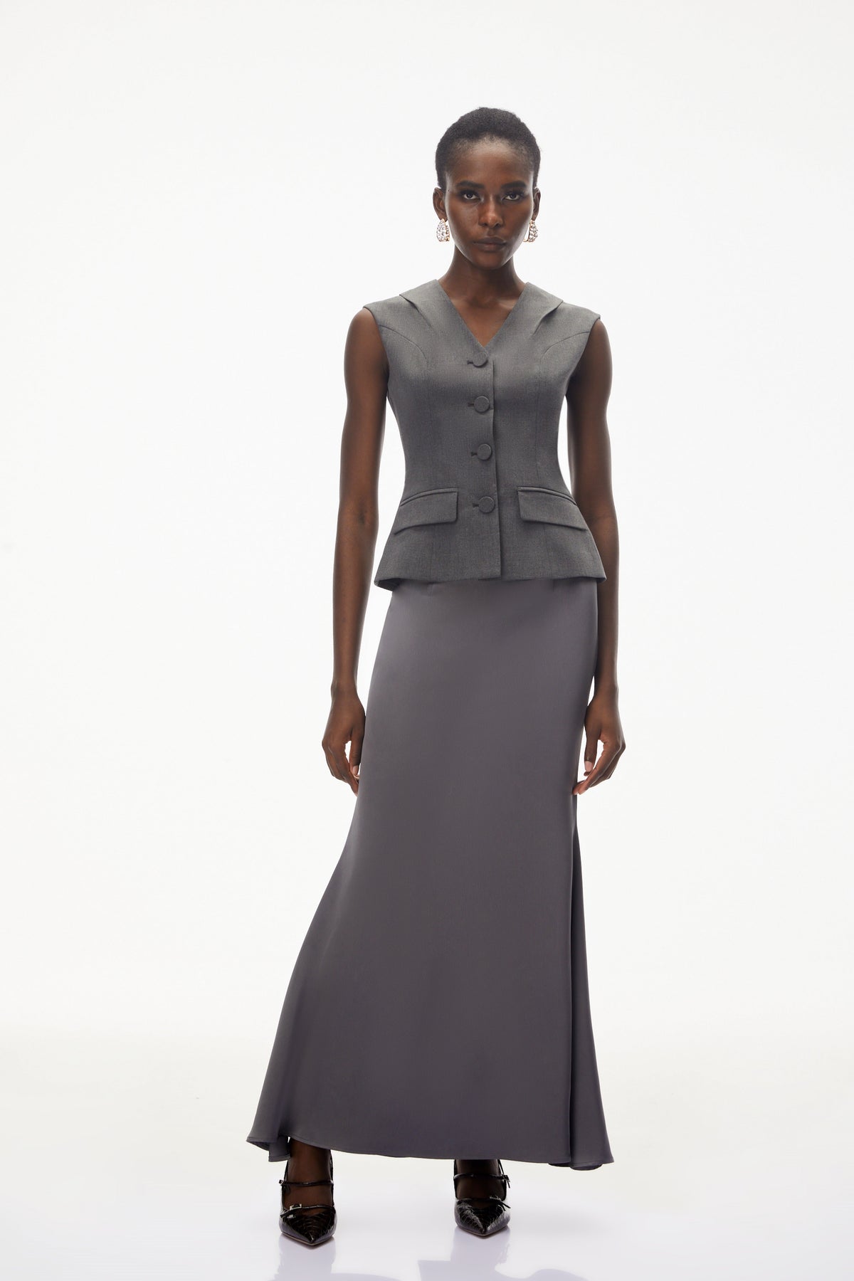 Delaram Grey Sleeveless Top & Fishtail Skirt Set