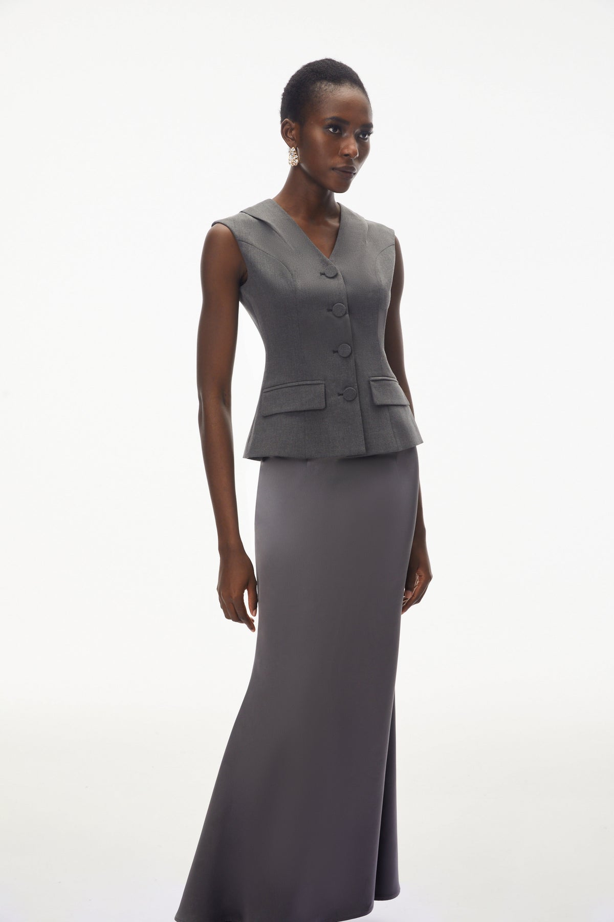 Delaram Grey Sleeveless Top & Fishtail Skirt Set