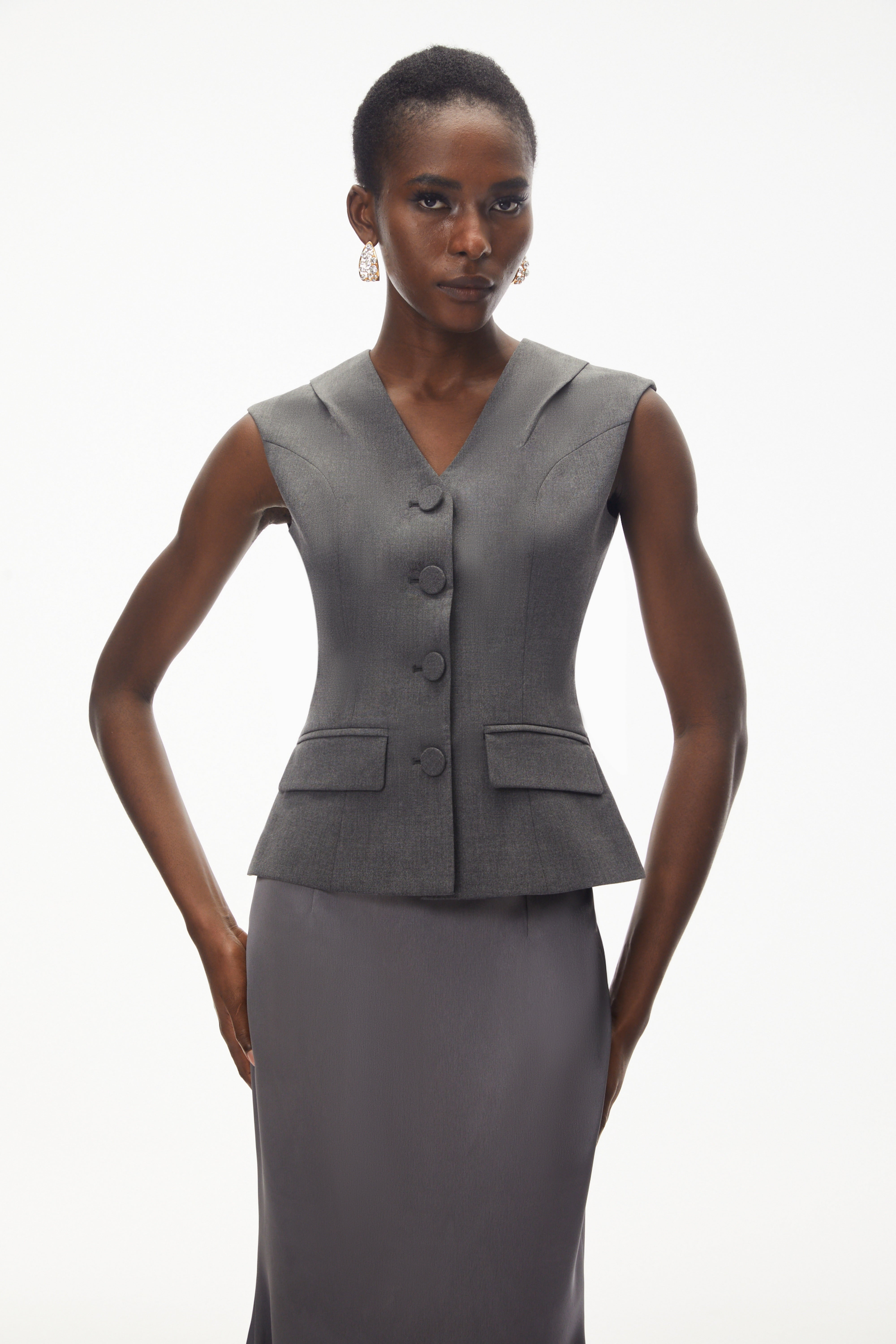 Delaram Grey Sleeveless Top & Fishtail Skirt Set