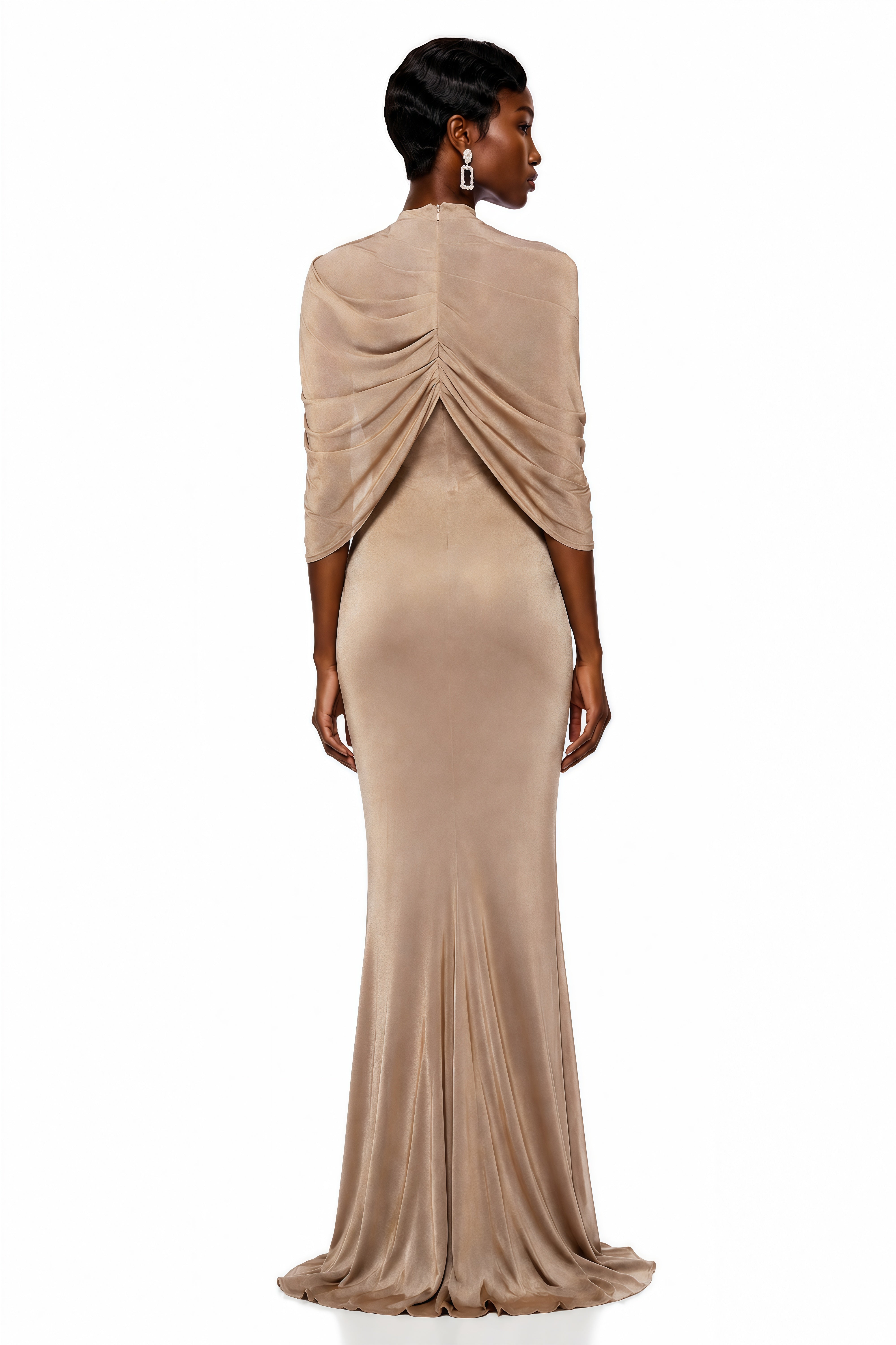 Delfina Beige Draped Cape Asymmetrical Maxi Dress