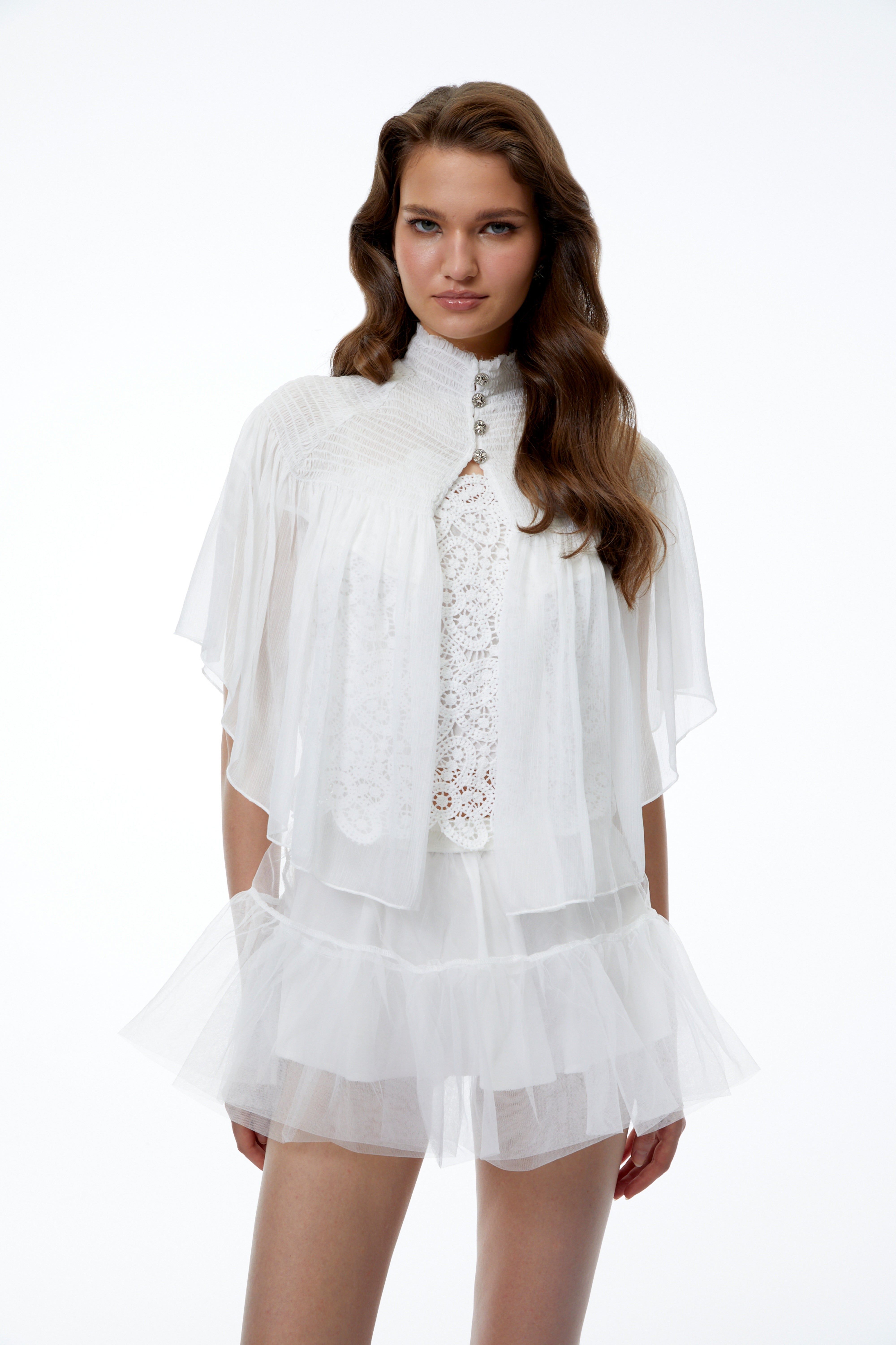 Delphine White Mock Neck Pleated Crop Cape