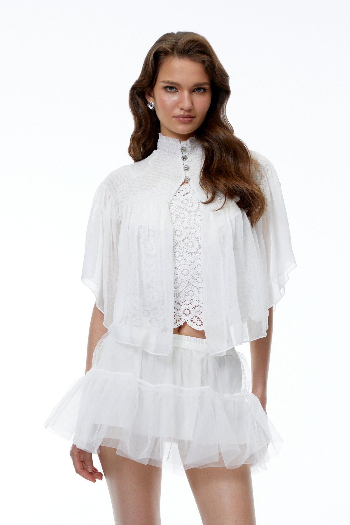 Delphine White Mock Neck Pleated Crop Cape