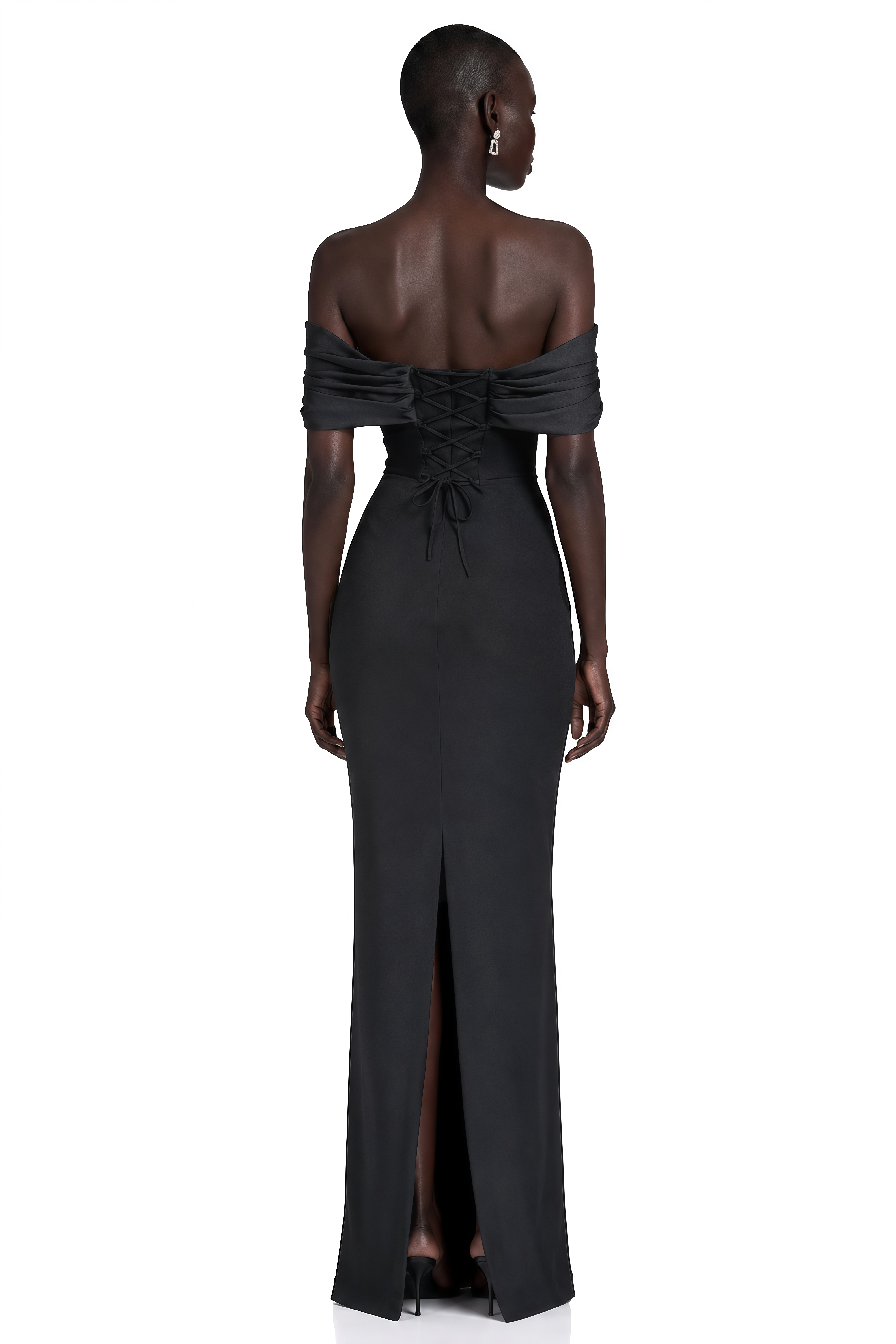 Demetria Black Off Shoulder Maxi Dress with Button Detail