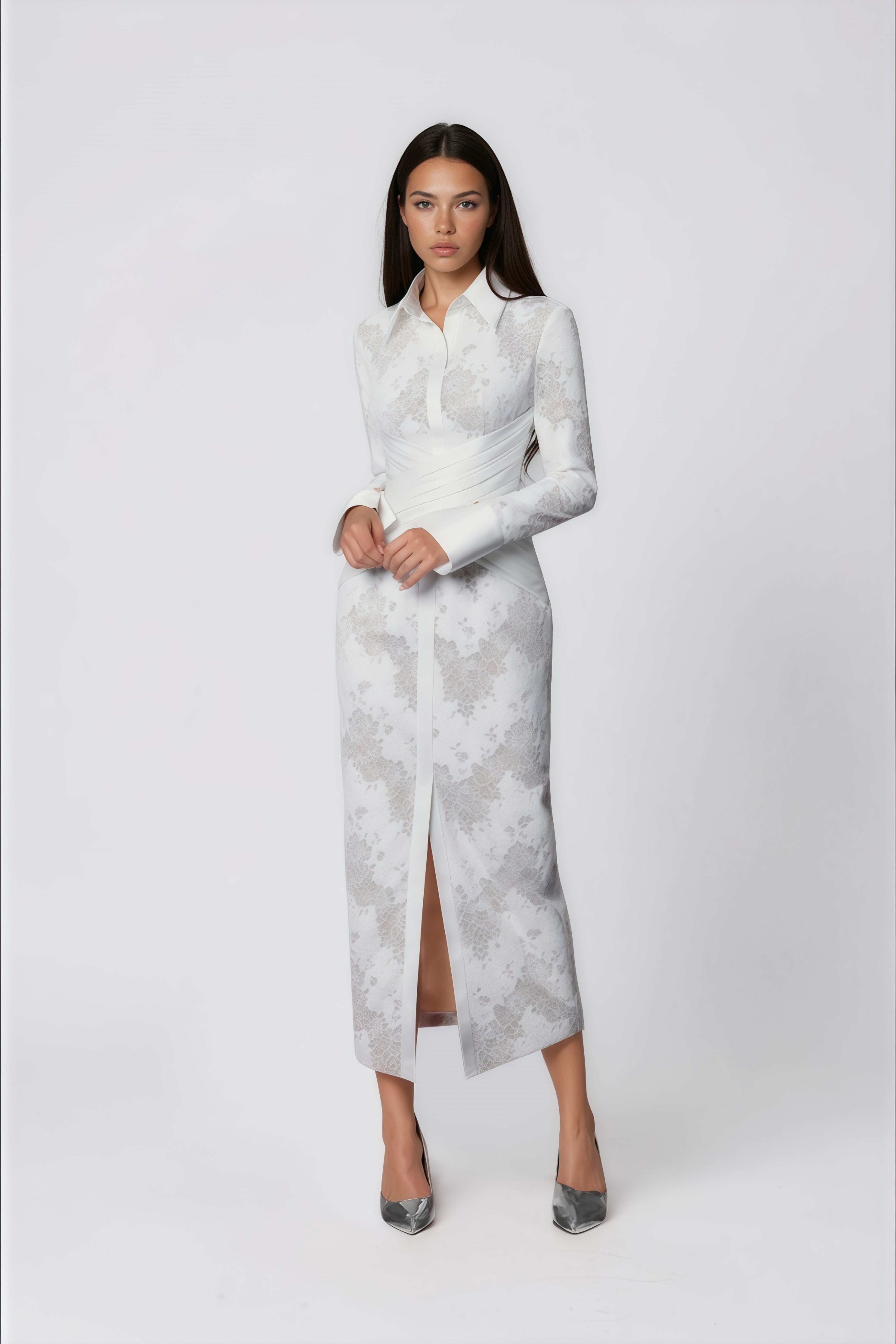 Yarden White Floral Lace Wrap Midi Dress