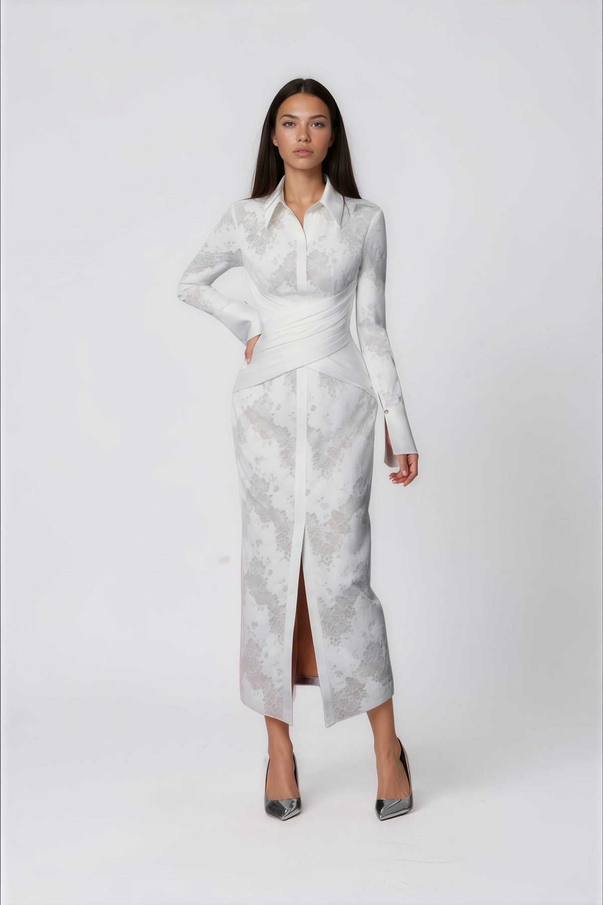 Yarden White Floral Lace Wrap Midi Dress