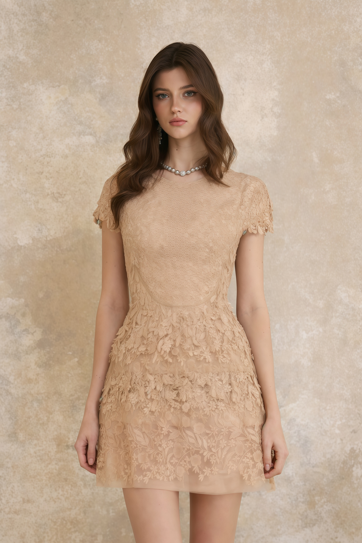 Déotille Neutral Floral Embroidered Tulle Mini Dress (Final Sale)