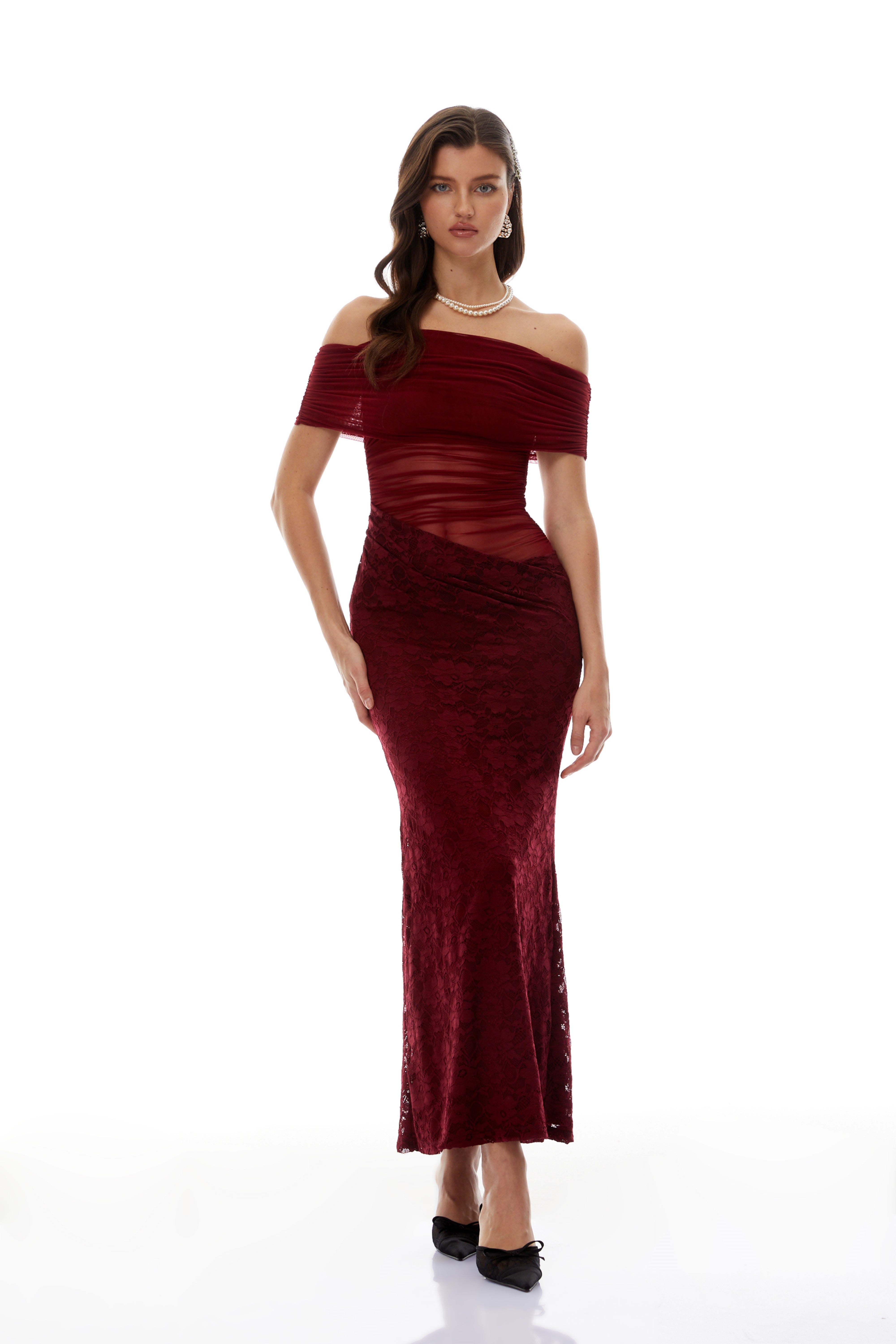 Dianthe Red Lace Panel Mesh Midi Dress (Final Sale-US Only)