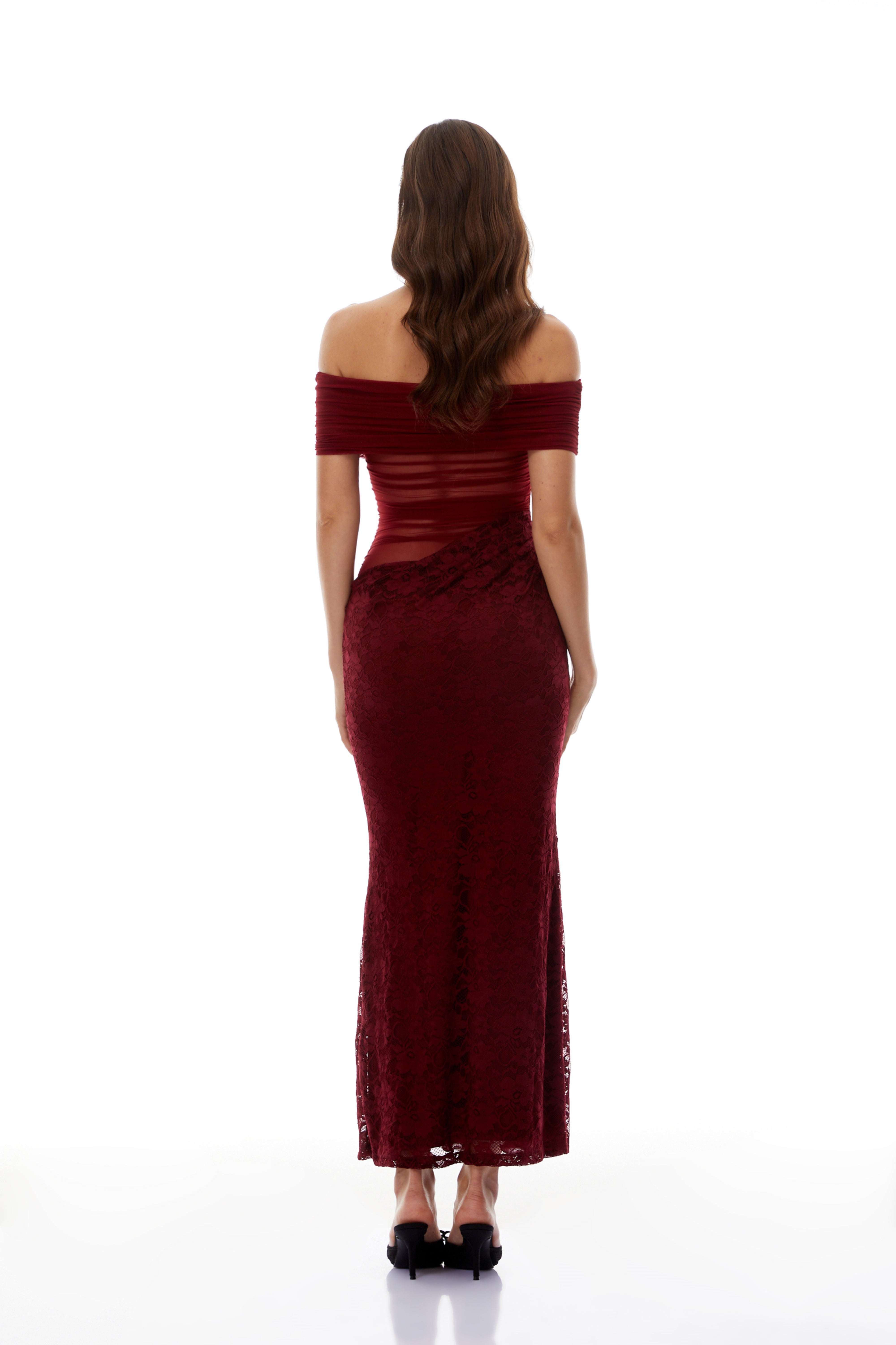 Dianthe Red Lace Panel Mesh Midi Dress (Final Sale-US Only)