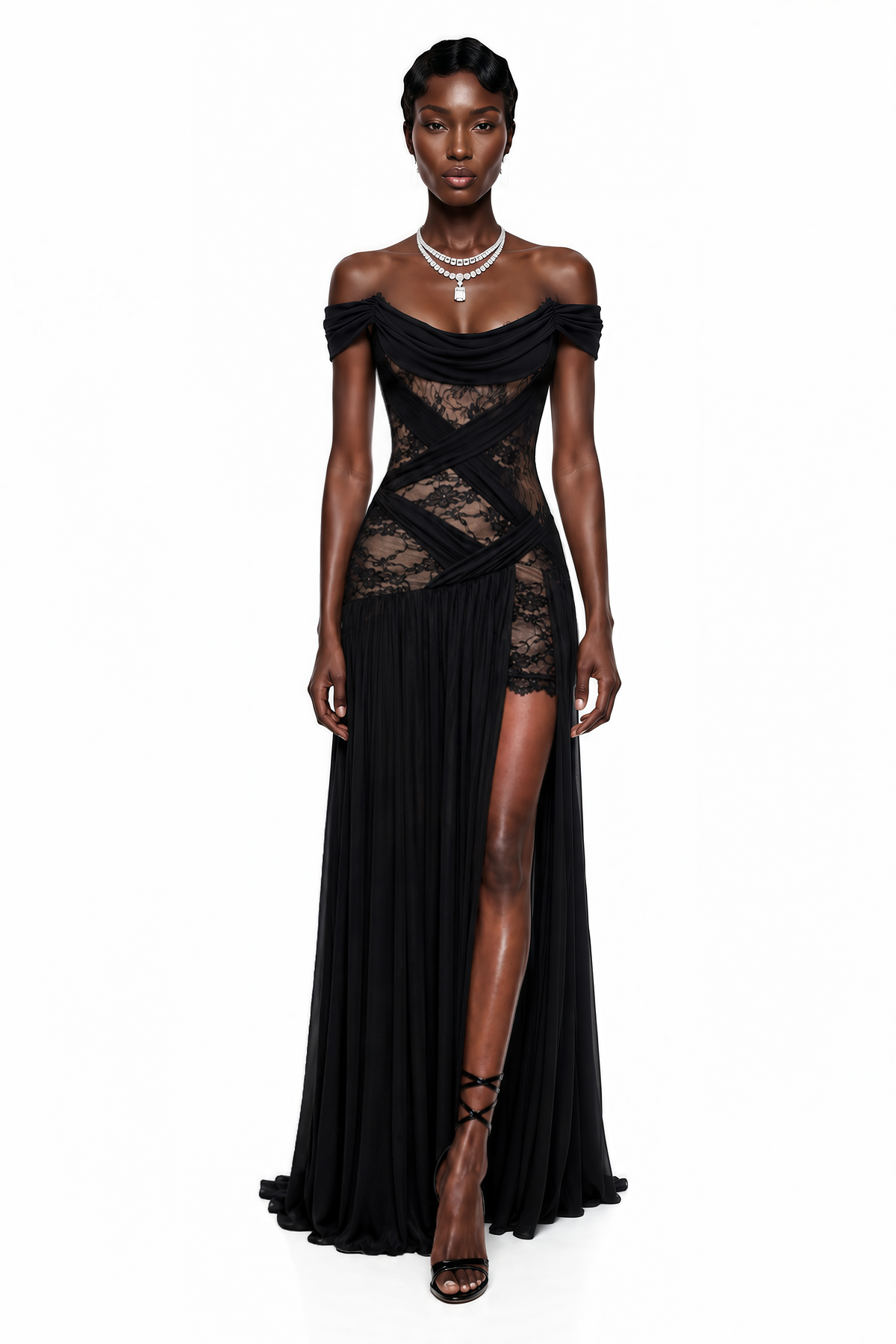 dildar black cross front maxi dress with lace panels