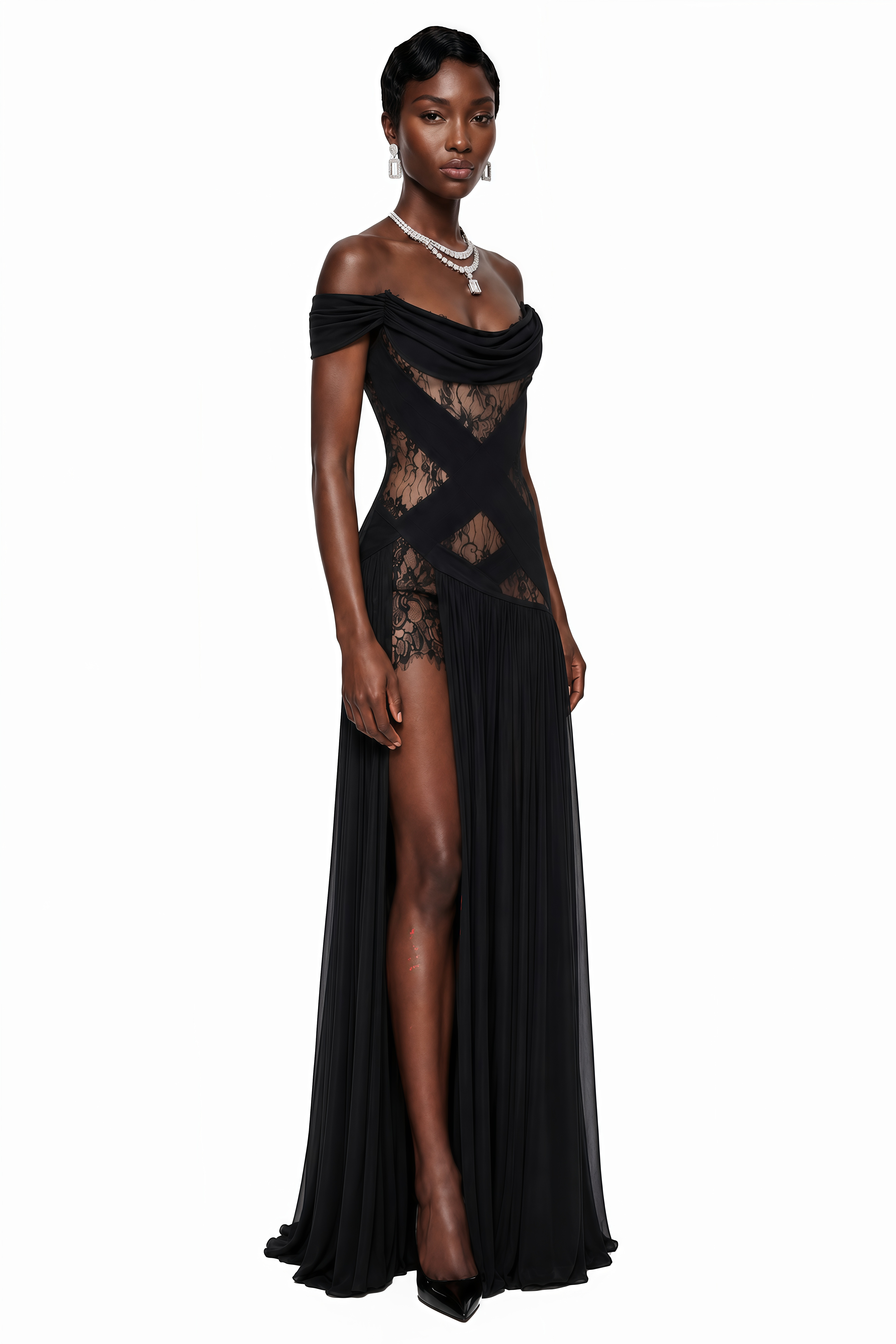 Dildar Black Cross Front Maxi Dress with Lace Panels