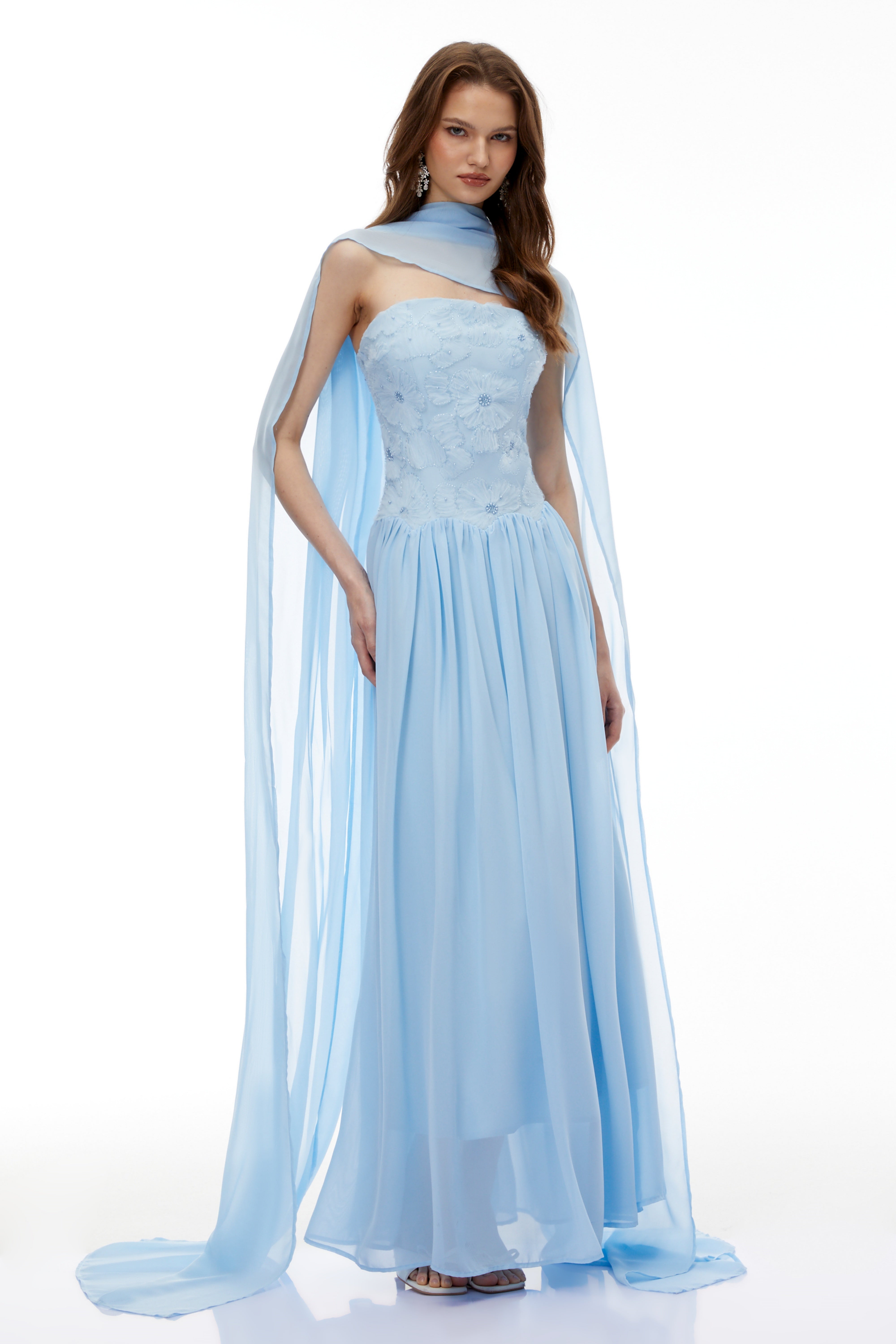Dobromila Blue Floral Embroidered Pleated Maxi Dress