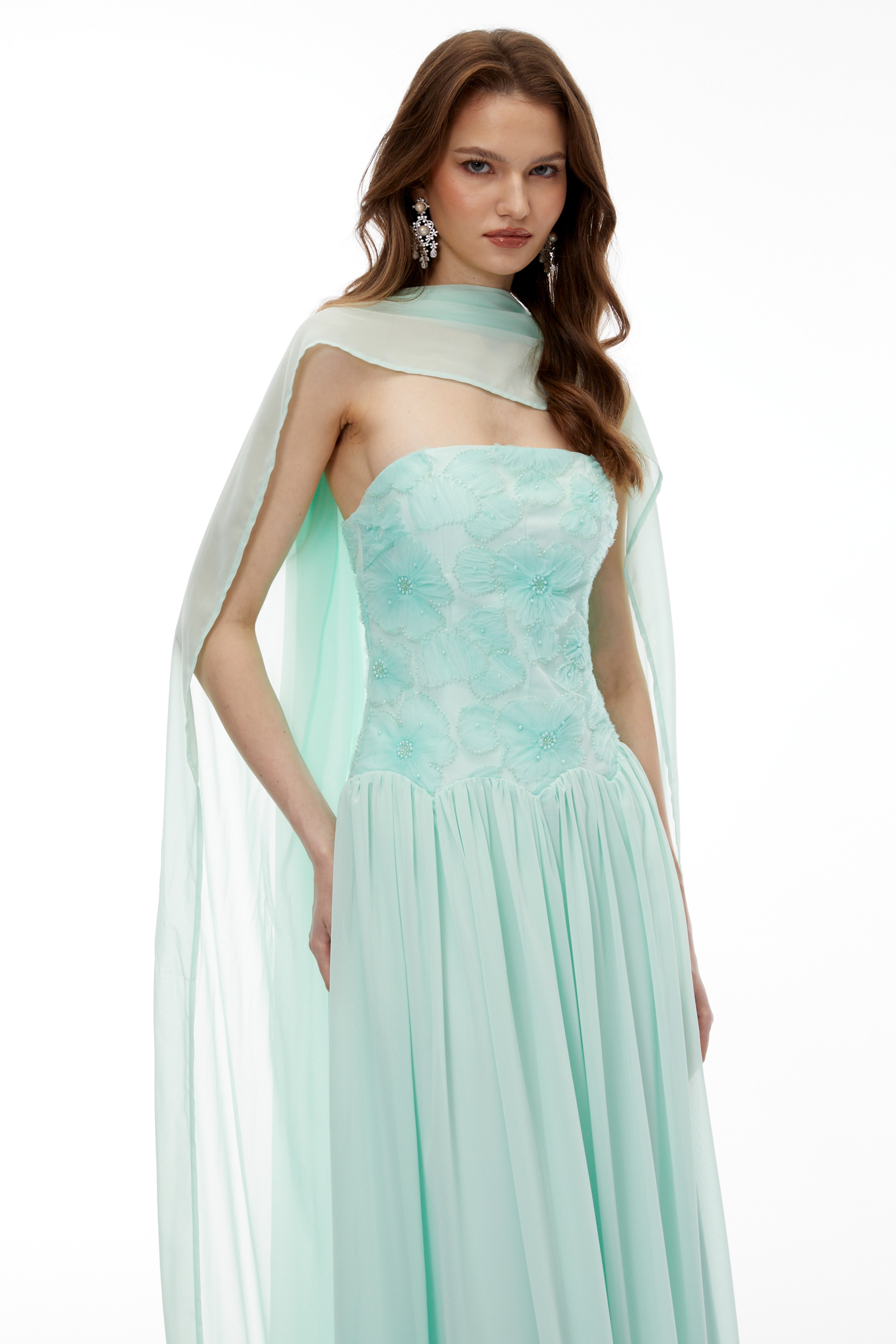 Dobromila Green Floral Embroidered Pleated Maxi Dress
