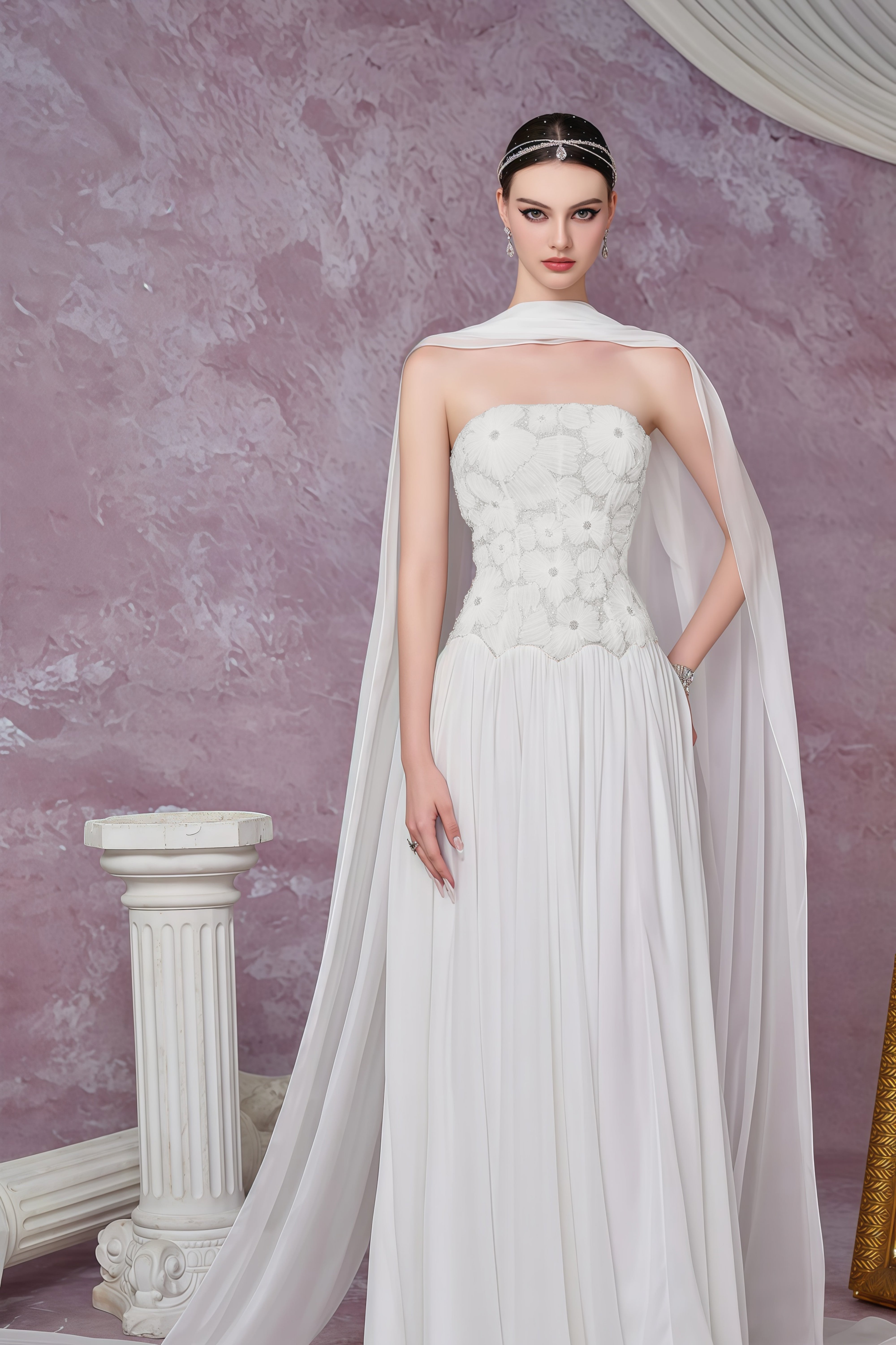 Dobromila White Floral Embroidered Pleated Maxi Dress (Final Sale-US Only)