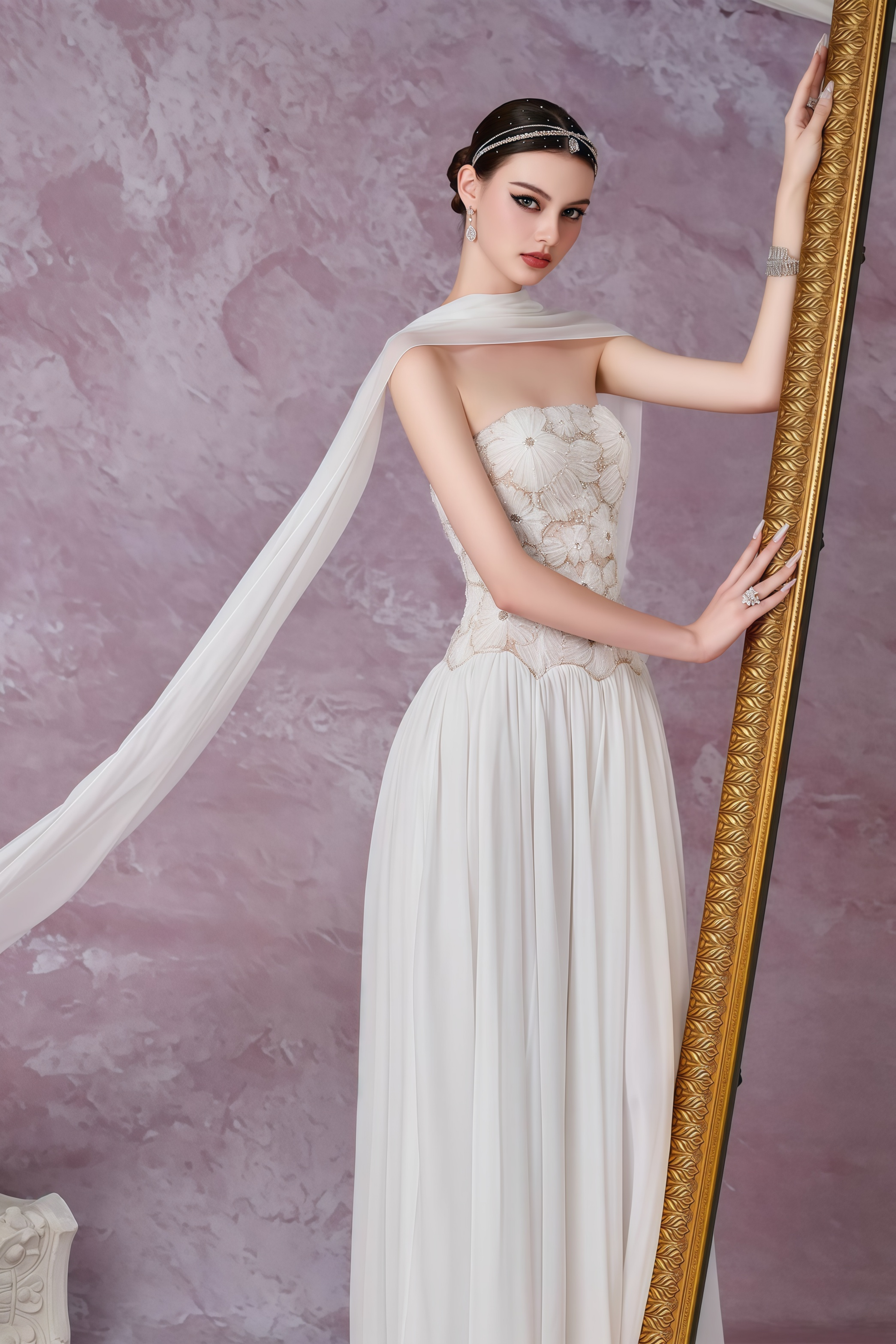 Dobromila White Floral Embroidered Pleated Maxi Dress