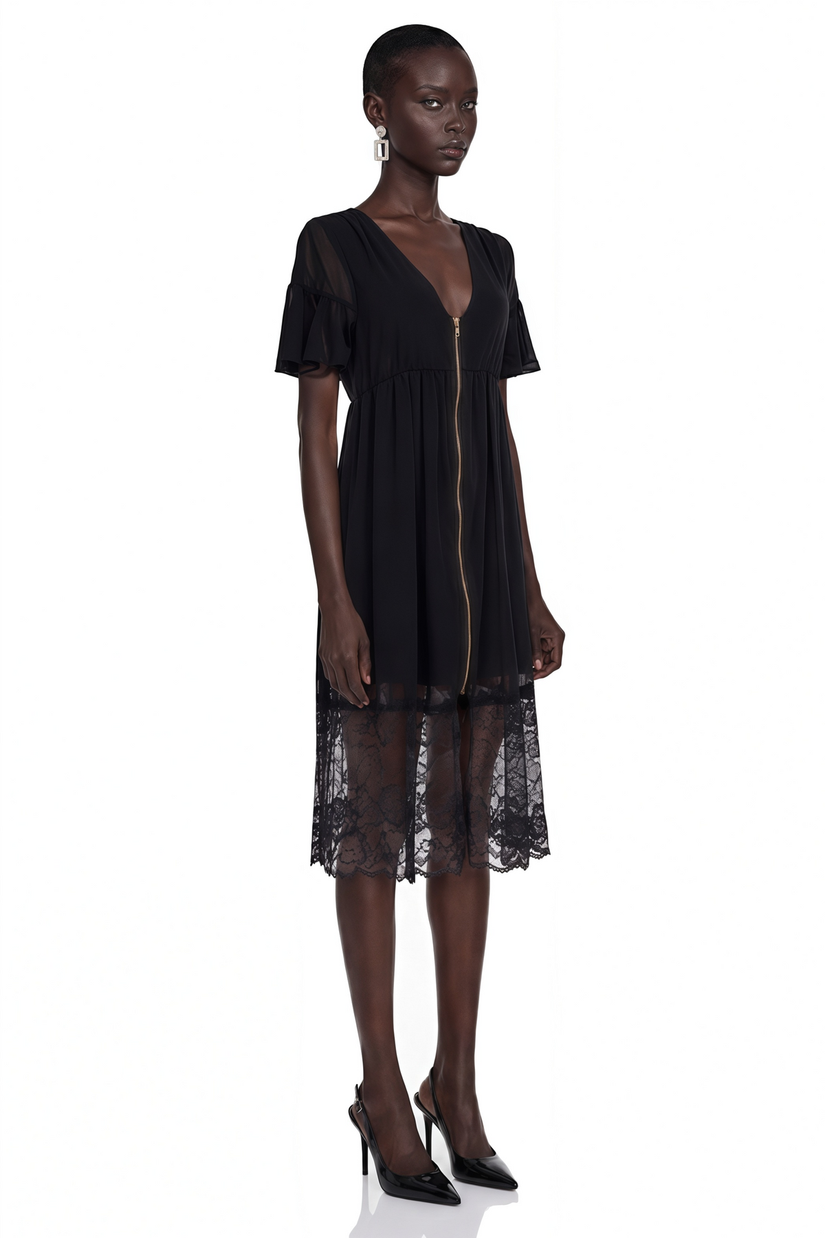 Domenica Black Ruffled Midi Dress with Lace Trim