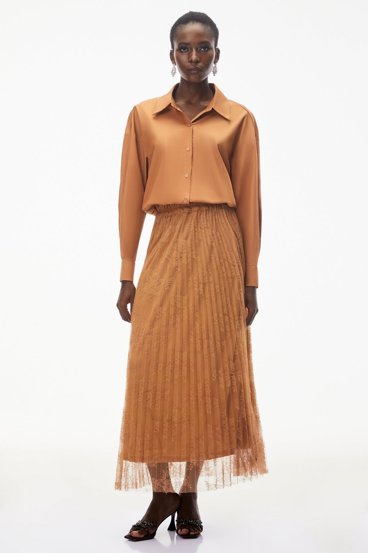 Dryope Brown Button Down Shirt & Skirt Set