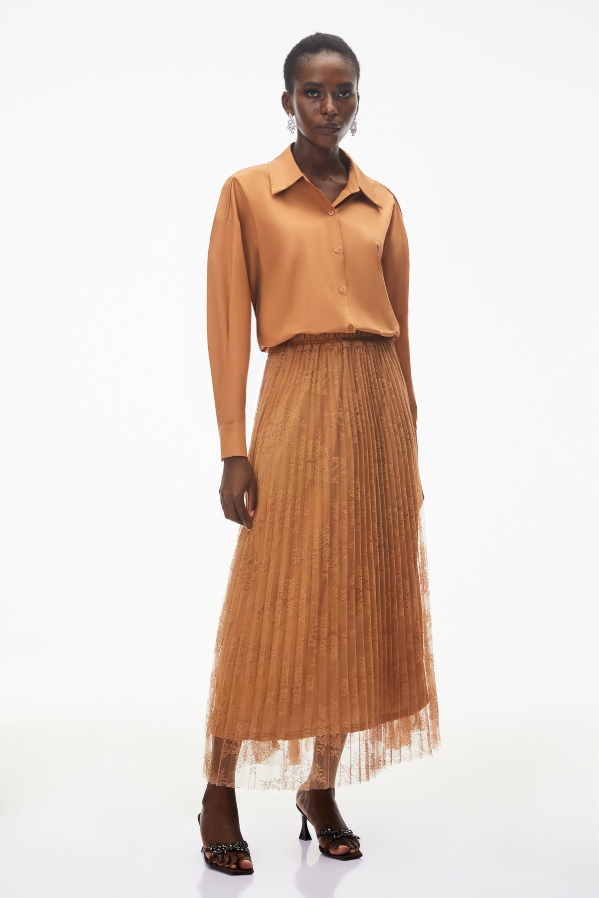 Dryope Brown Button Down Shirt & Skirt Set