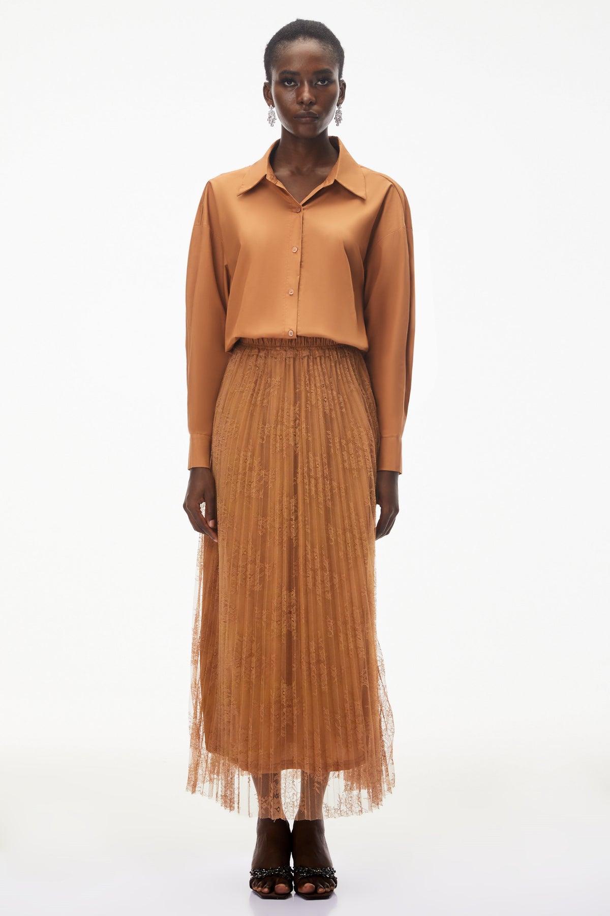 Dryope Brown Button Down Shirt & Skirt Set